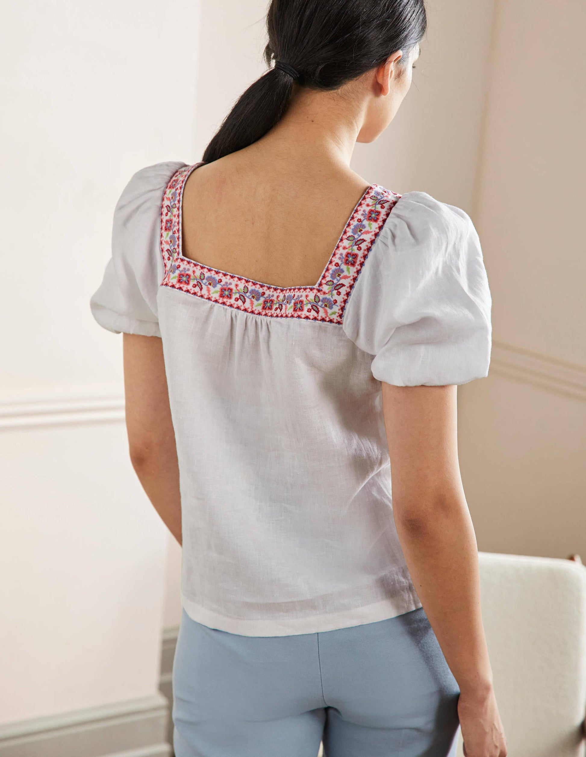 Square Neck Linen Top-White-3