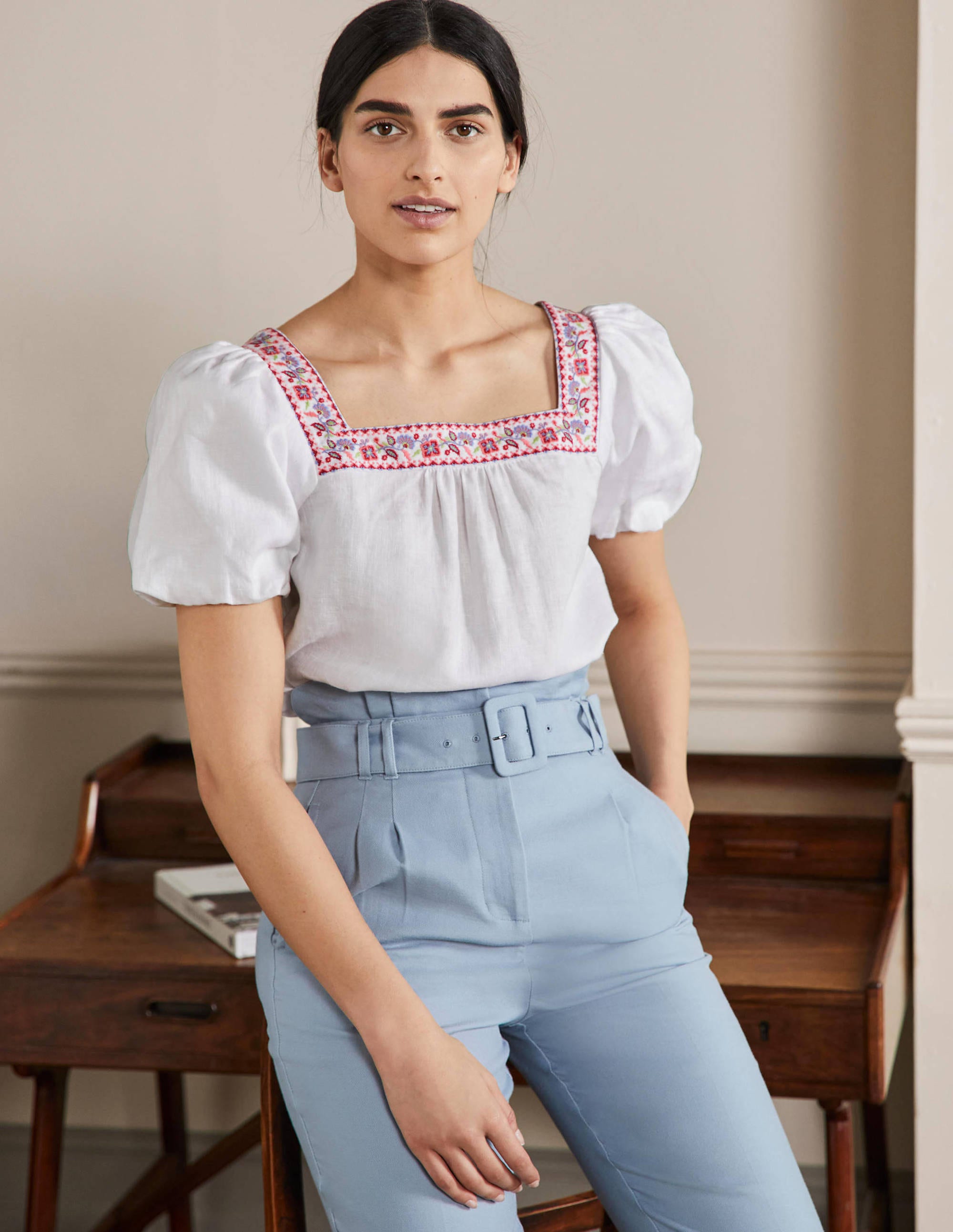Square Neck Linen Top-White - Image 4