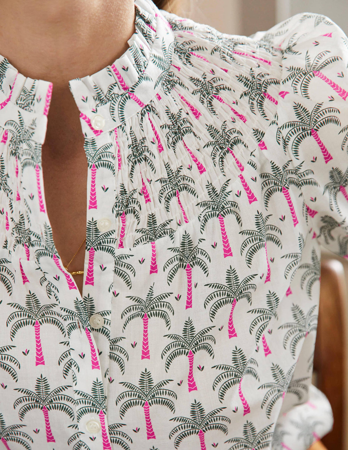 Curved Yoke Smocked Shirt-Ivory, Paradise Palm-2