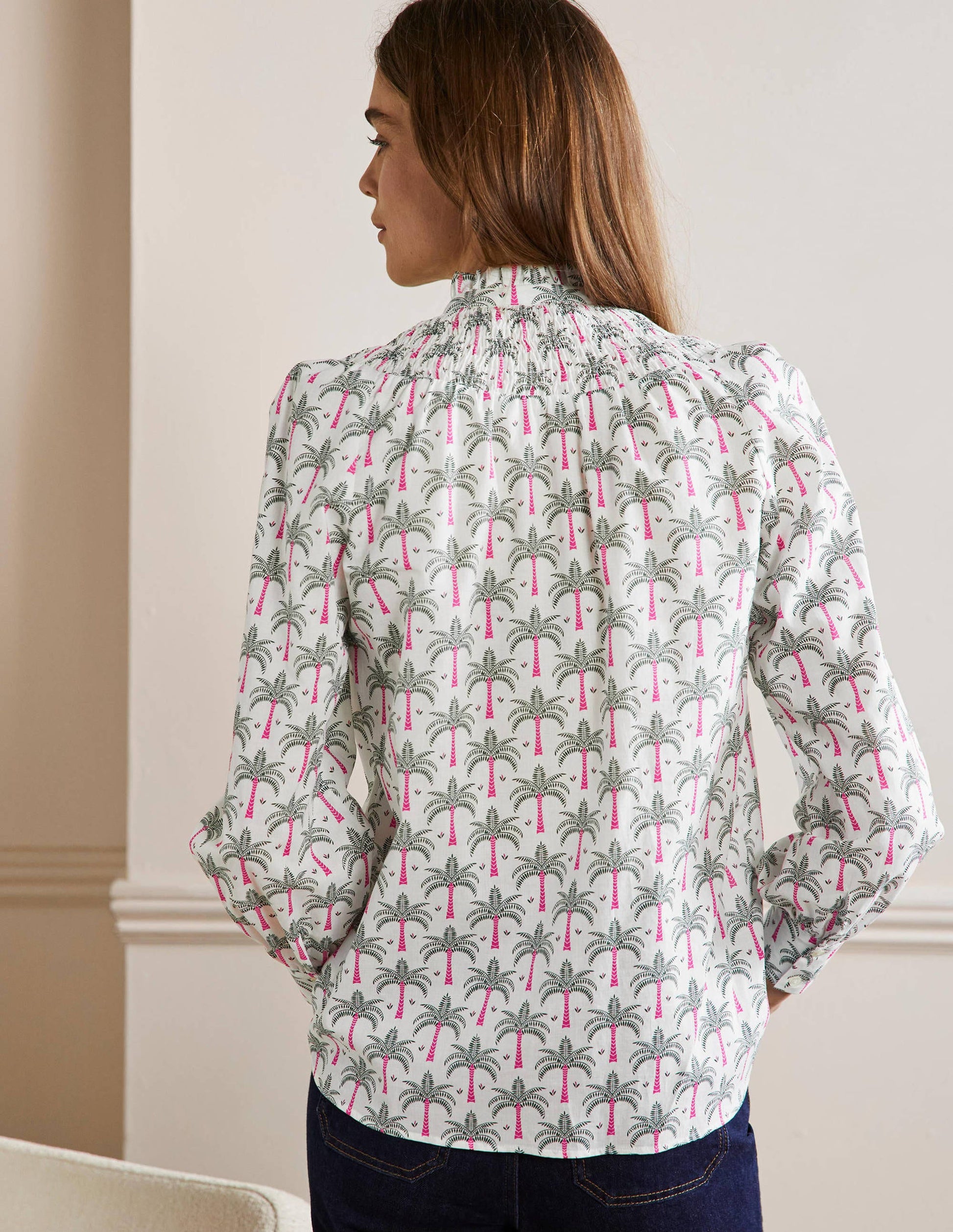 Curved Yoke Smocked Shirt-Ivory, Paradise Palm-3