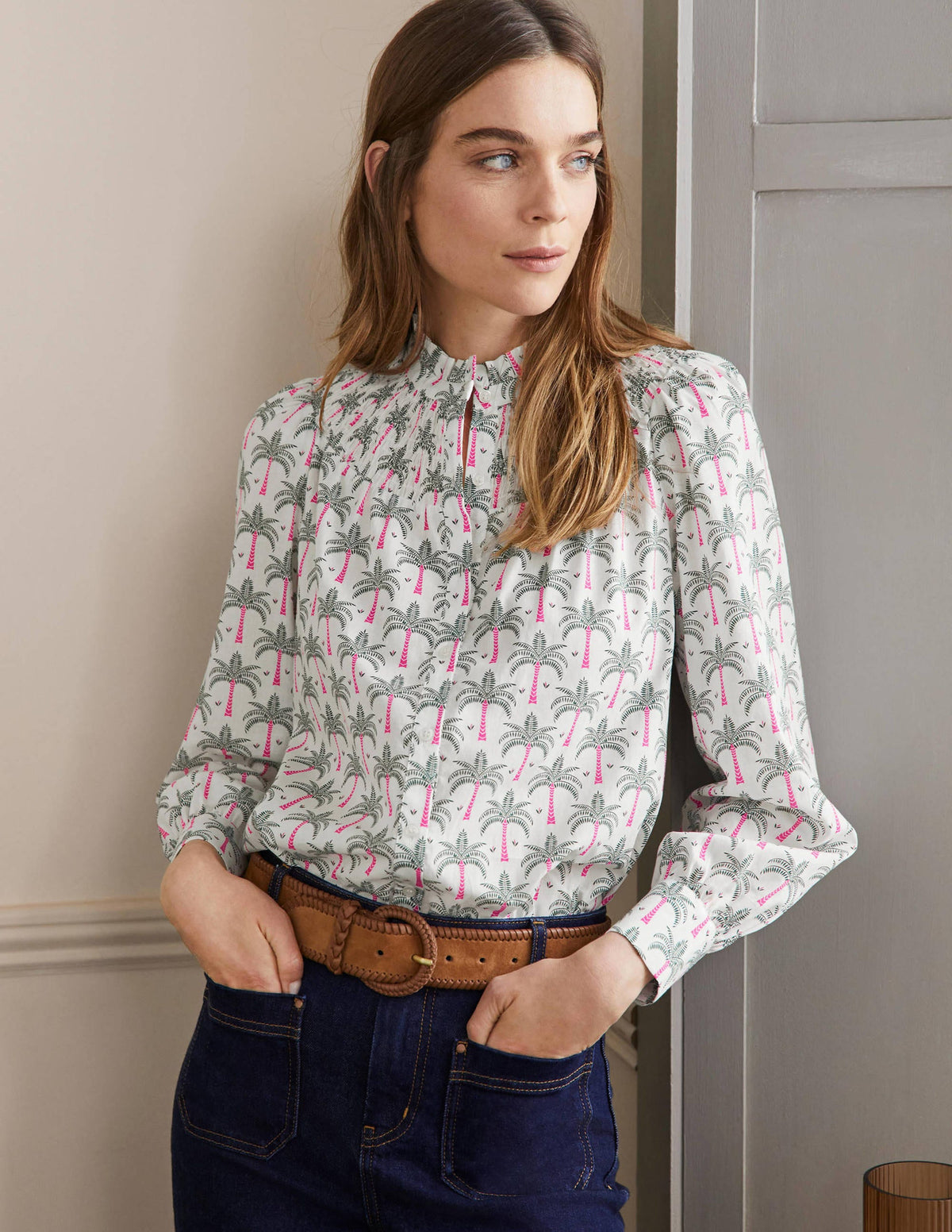 Curved Yoke Smocked Shirt-Ivory, Paradise Palm-4