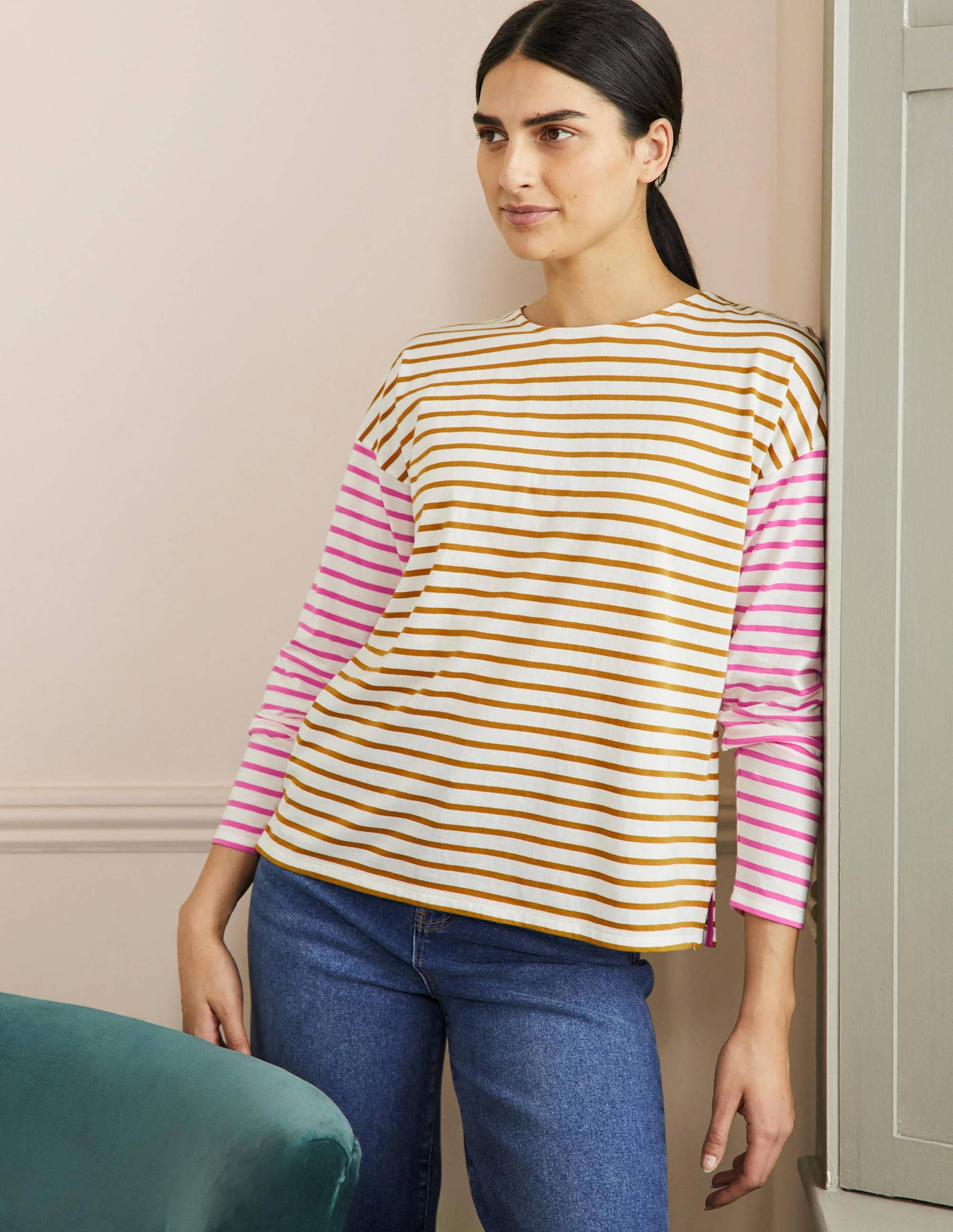 Dropped Shoulder Breton Top-Ivory / Frankincense Stripe-4