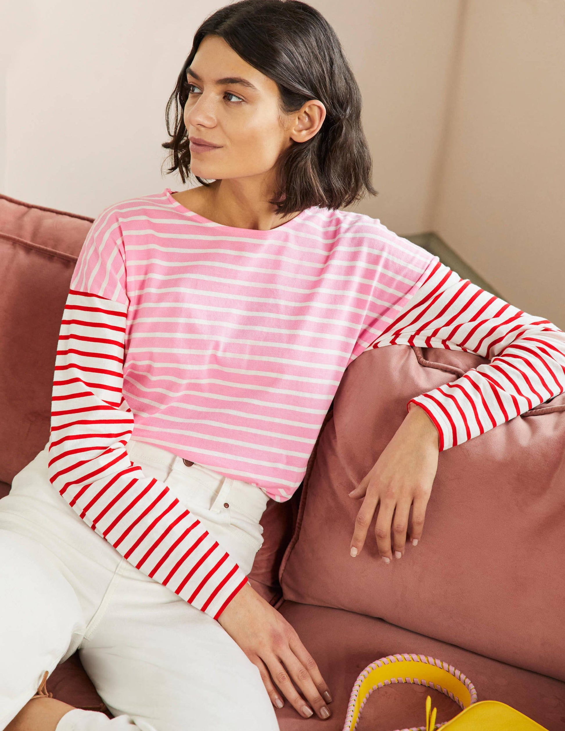 Dropped Shoulder Breton Top-Sachet Pink / Ivory Stripe-1