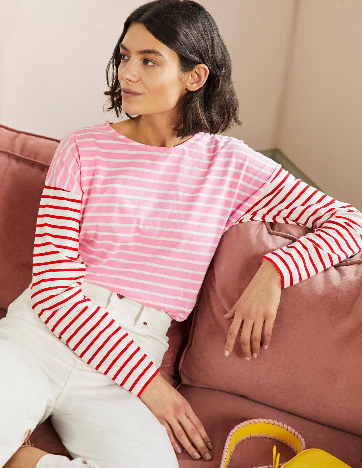 Dropped Shoulder Breton Top-Sachet Pink / Ivory Stripe - Image 1