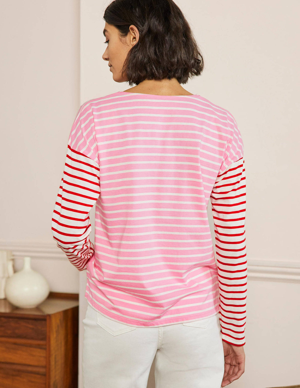 Dropped Shoulder Breton Top-Sachet Pink / Ivory Stripe - Image 3