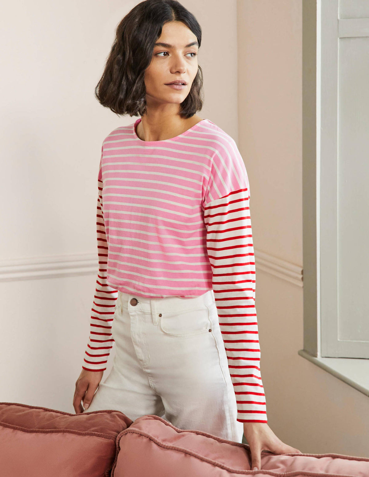 Dropped Shoulder Breton Top-Sachet Pink / Ivory Stripe - Image 4