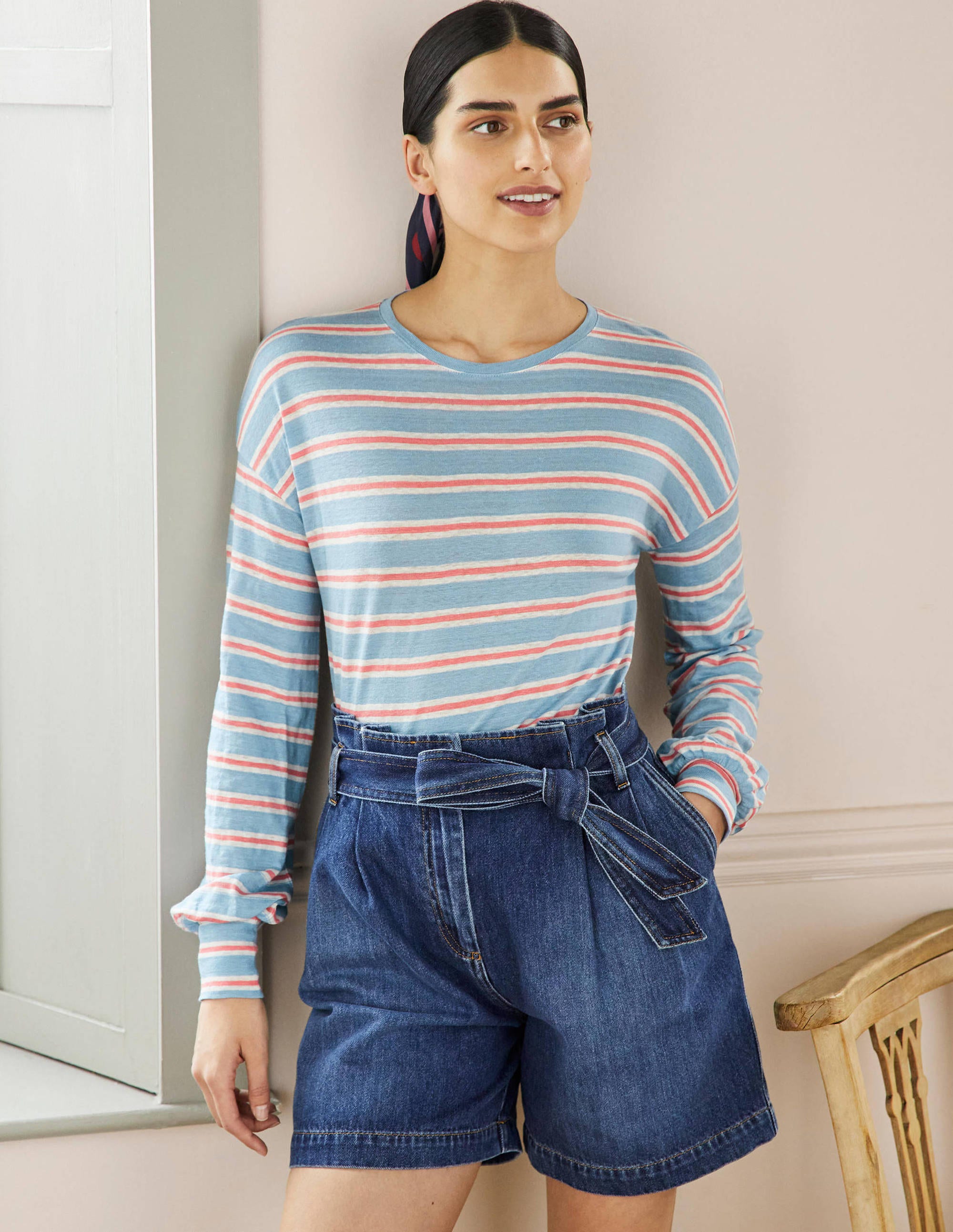 Blouson Linen Top-Dusty Blue / Coral Stripe - Image 1