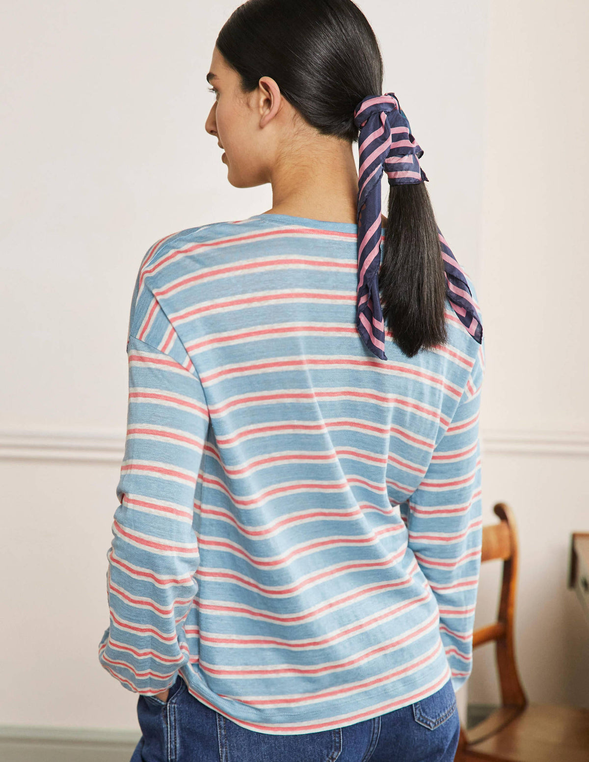 Blouson Linen Top-Dusty Blue / Coral Stripe-3