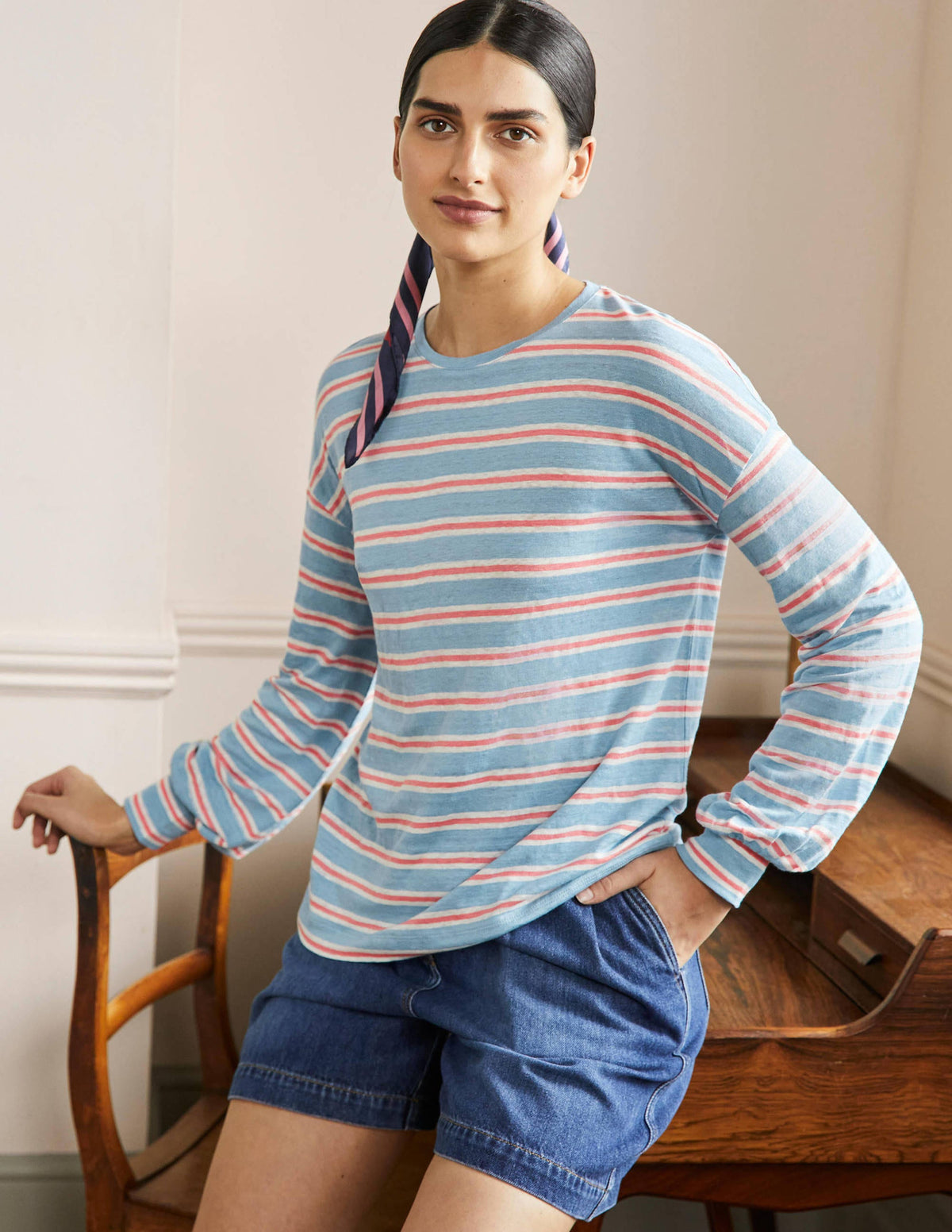Blouson Linen Top-Dusty Blue / Coral Stripe-4