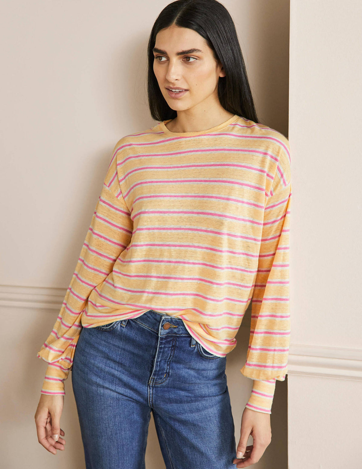 Blouson Linen Top-Sunlight / Azalea Stripe-1