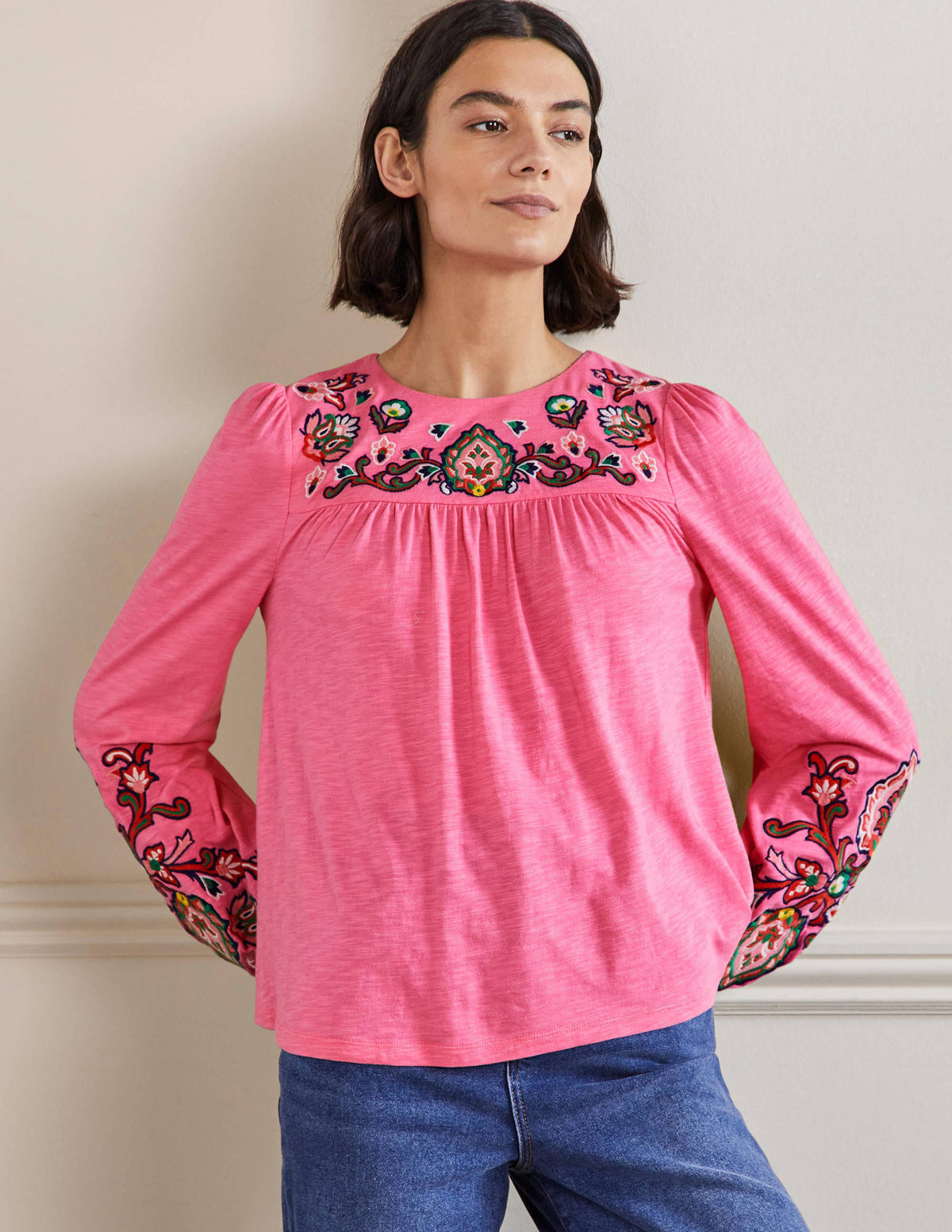 Embroidered Blouson Jersey Top-Azalea-1
