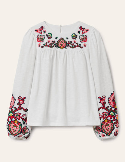 Embroidered Blouson Jersey Top-White-6