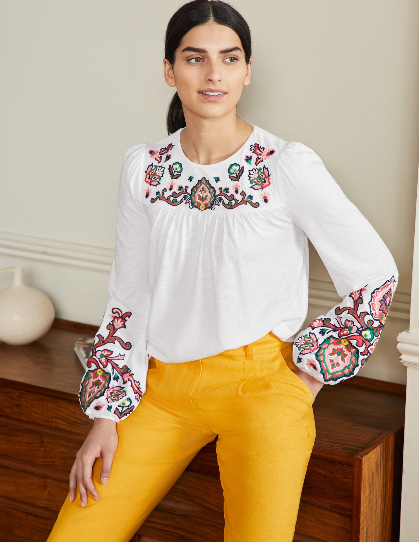 Embroidered Blouson Jersey Top-White