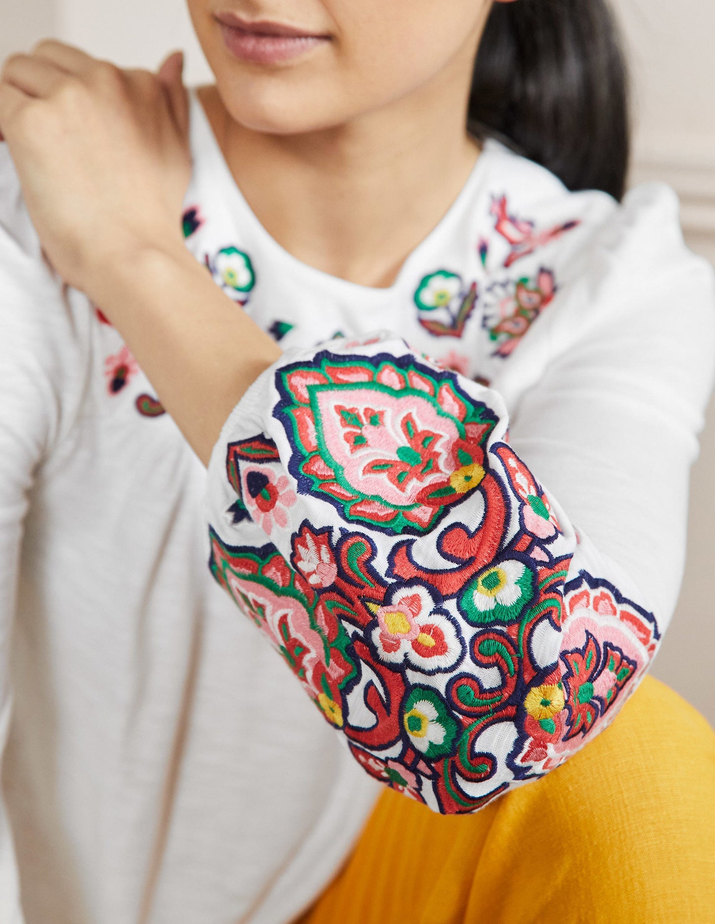 Embroidered Blouson Jersey Top-White