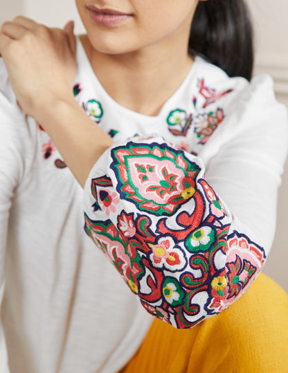 Embroidered Blouson Jersey Top-White-2