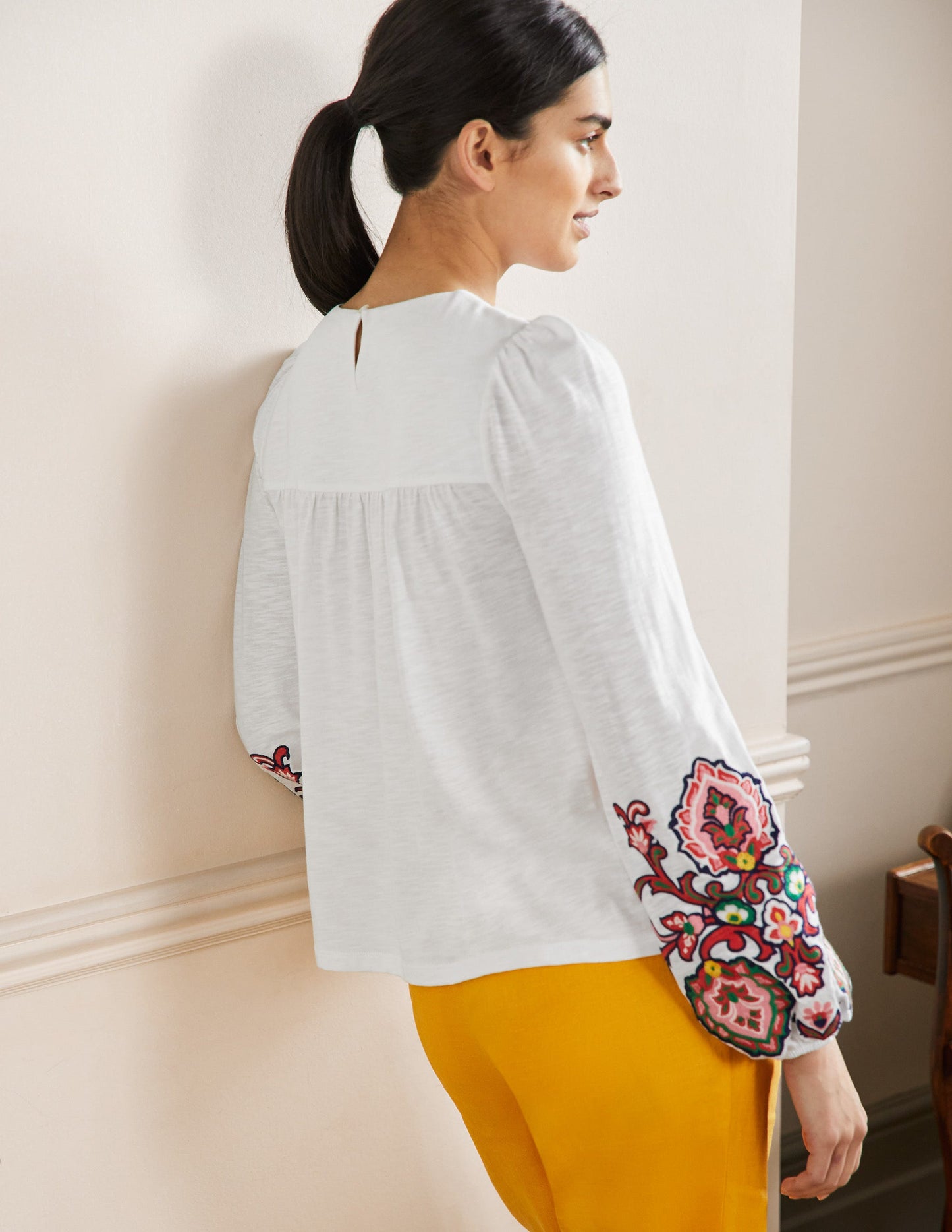 Embroidered Blouson Jersey Top-White