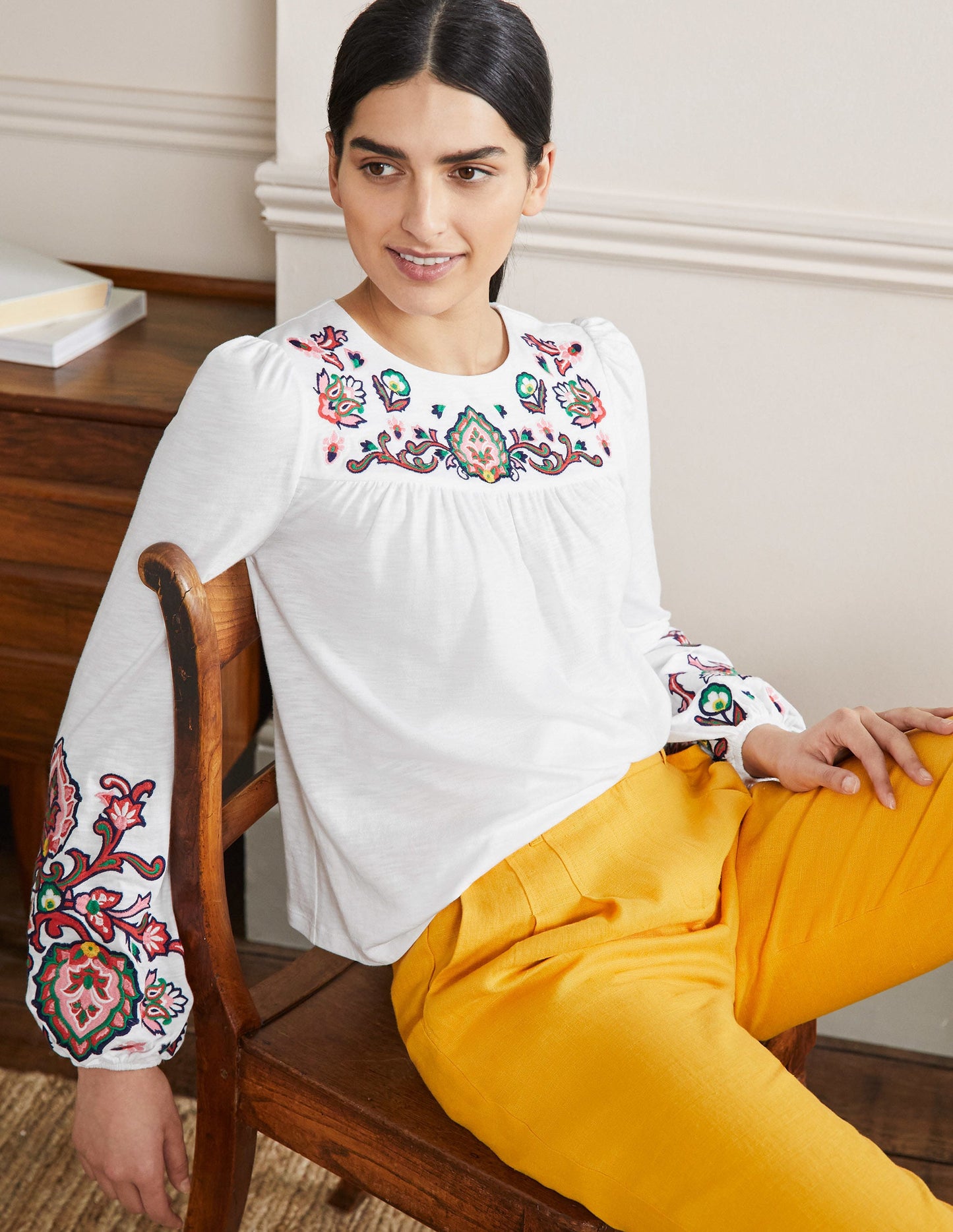 Embroidered Blouson Jersey Top-White