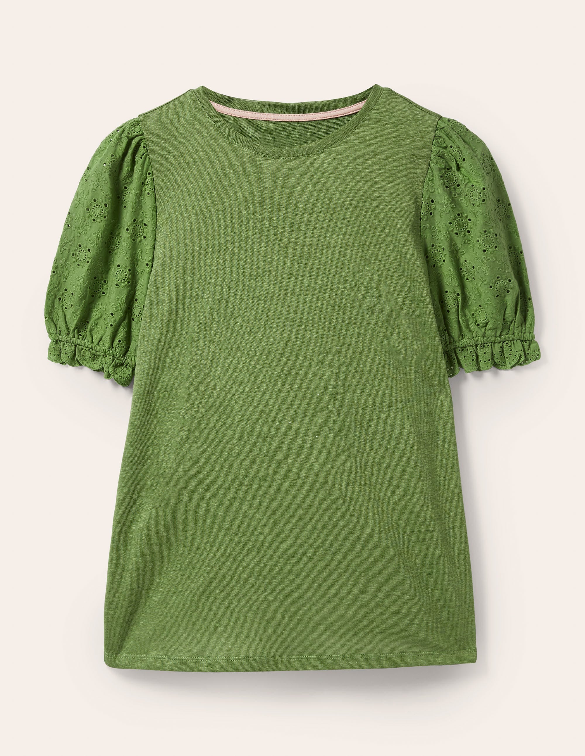 Broderie Sleeve Linen T-Shirt-English Ivy - Image 5