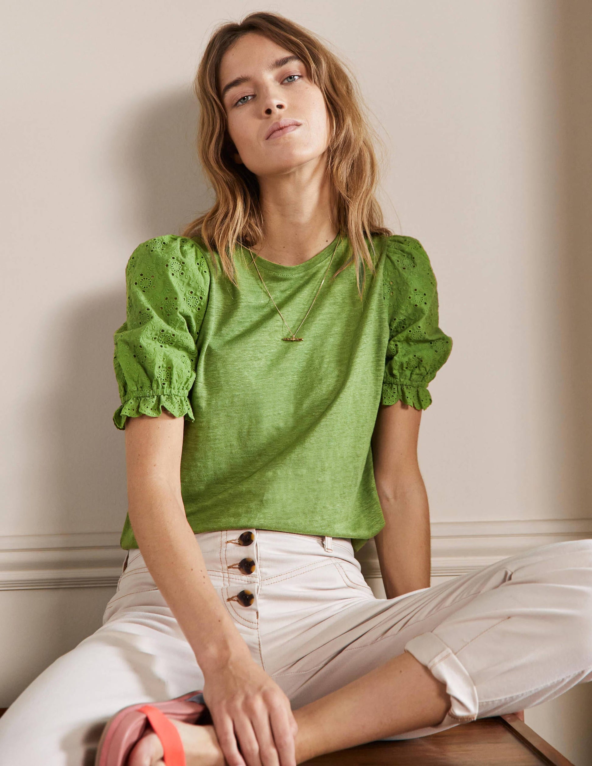 Broderie Sleeve Linen T-Shirt-English Ivy-1