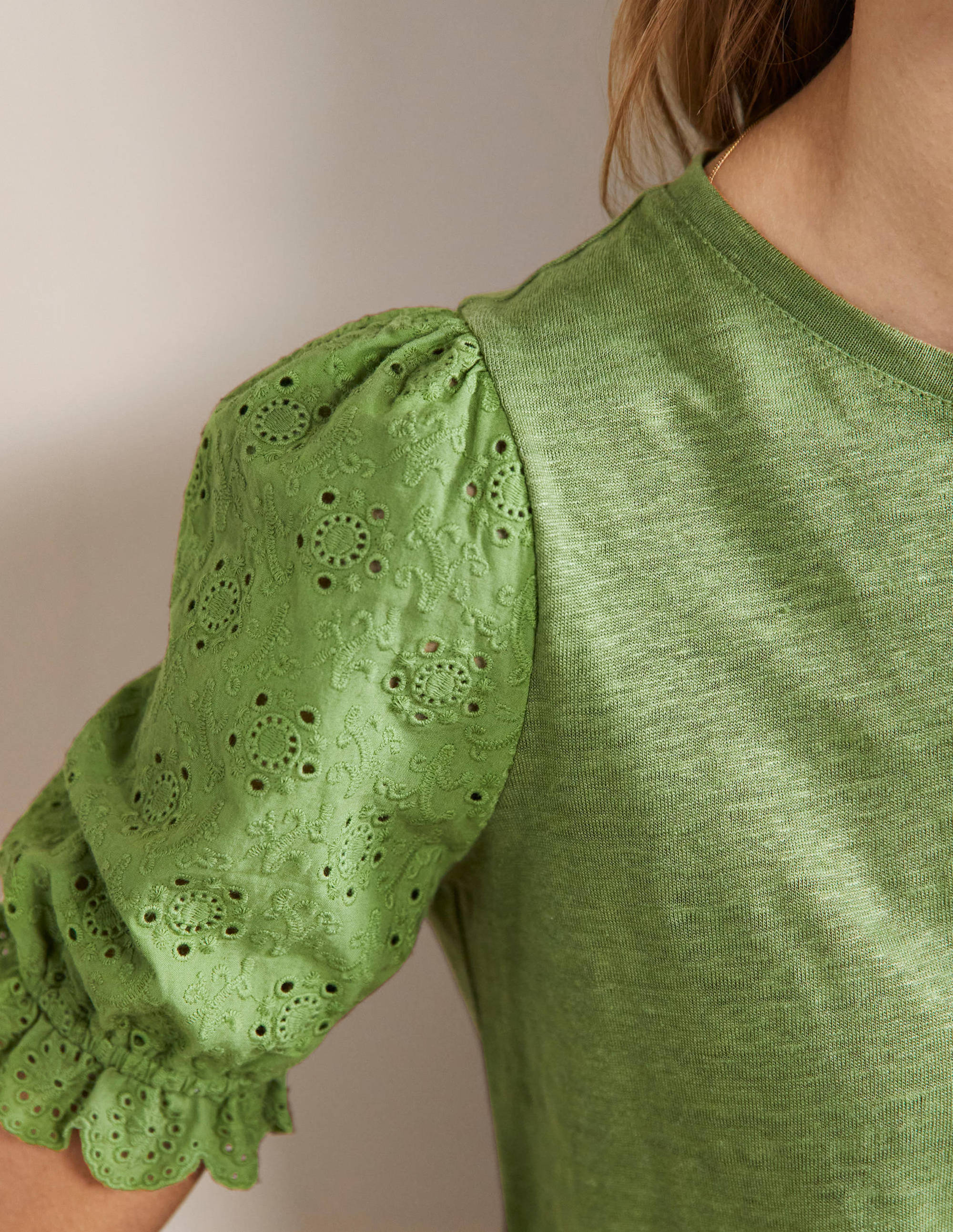 Broderie Sleeve Linen T-Shirt-English Ivy - Image 2