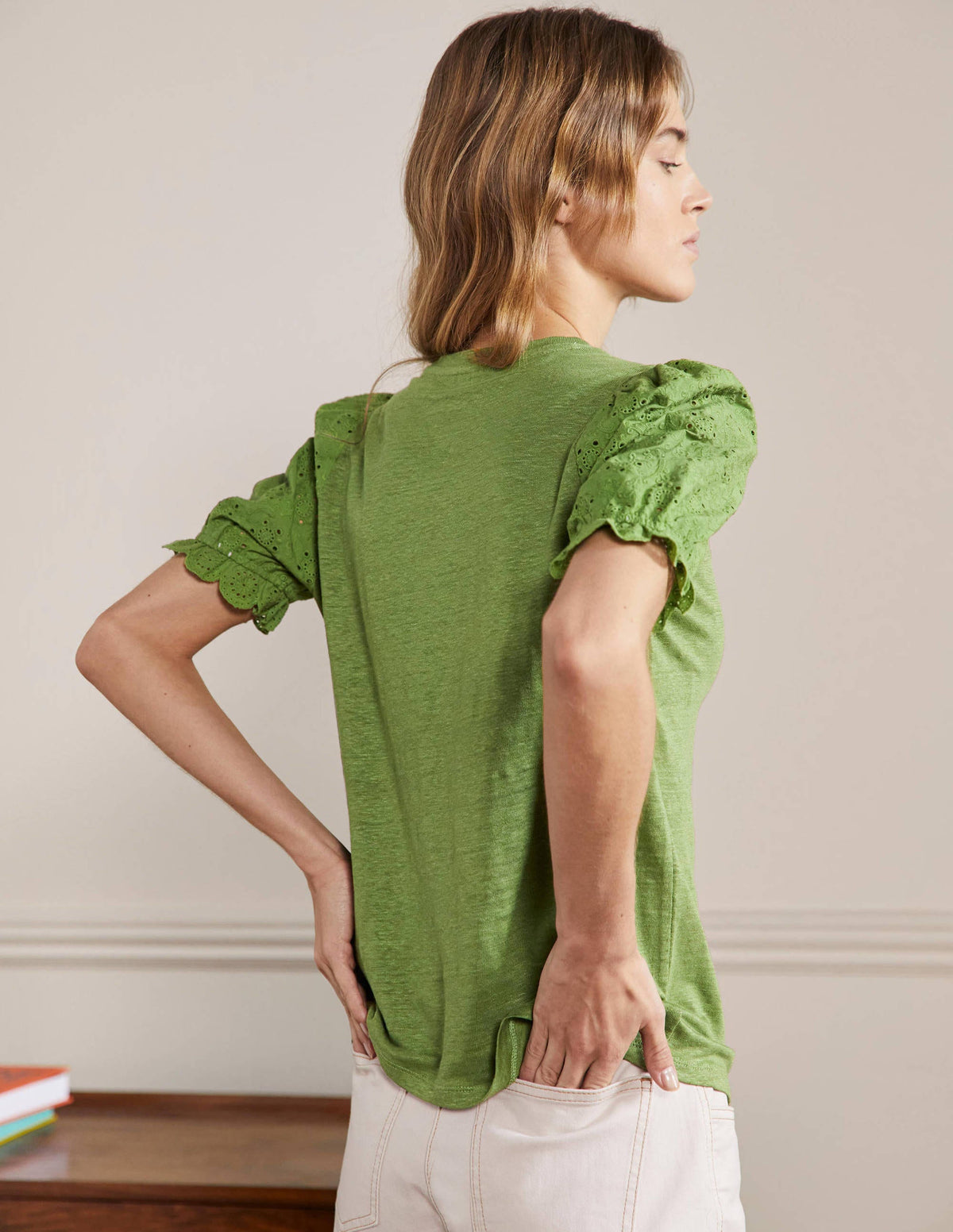 Broderie Sleeve Linen T-Shirt-English Ivy - Image 3