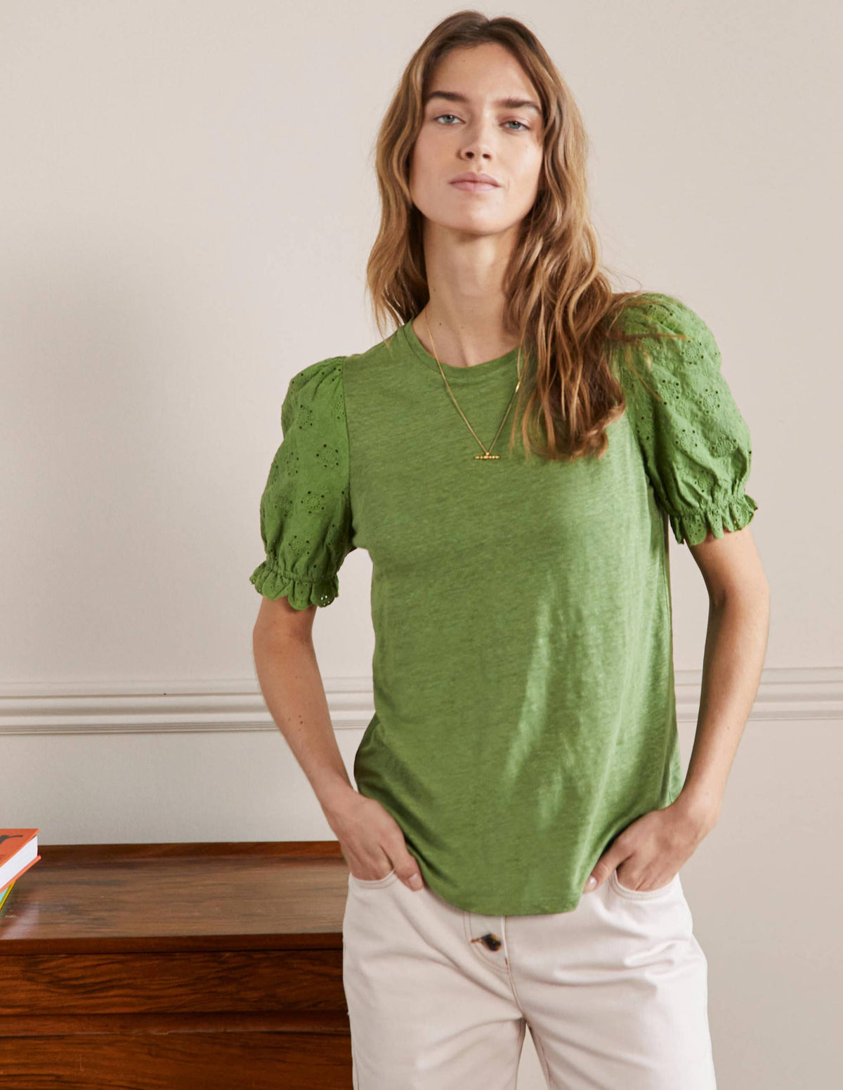Broderie Sleeve Linen T-Shirt-English Ivy - Image 4