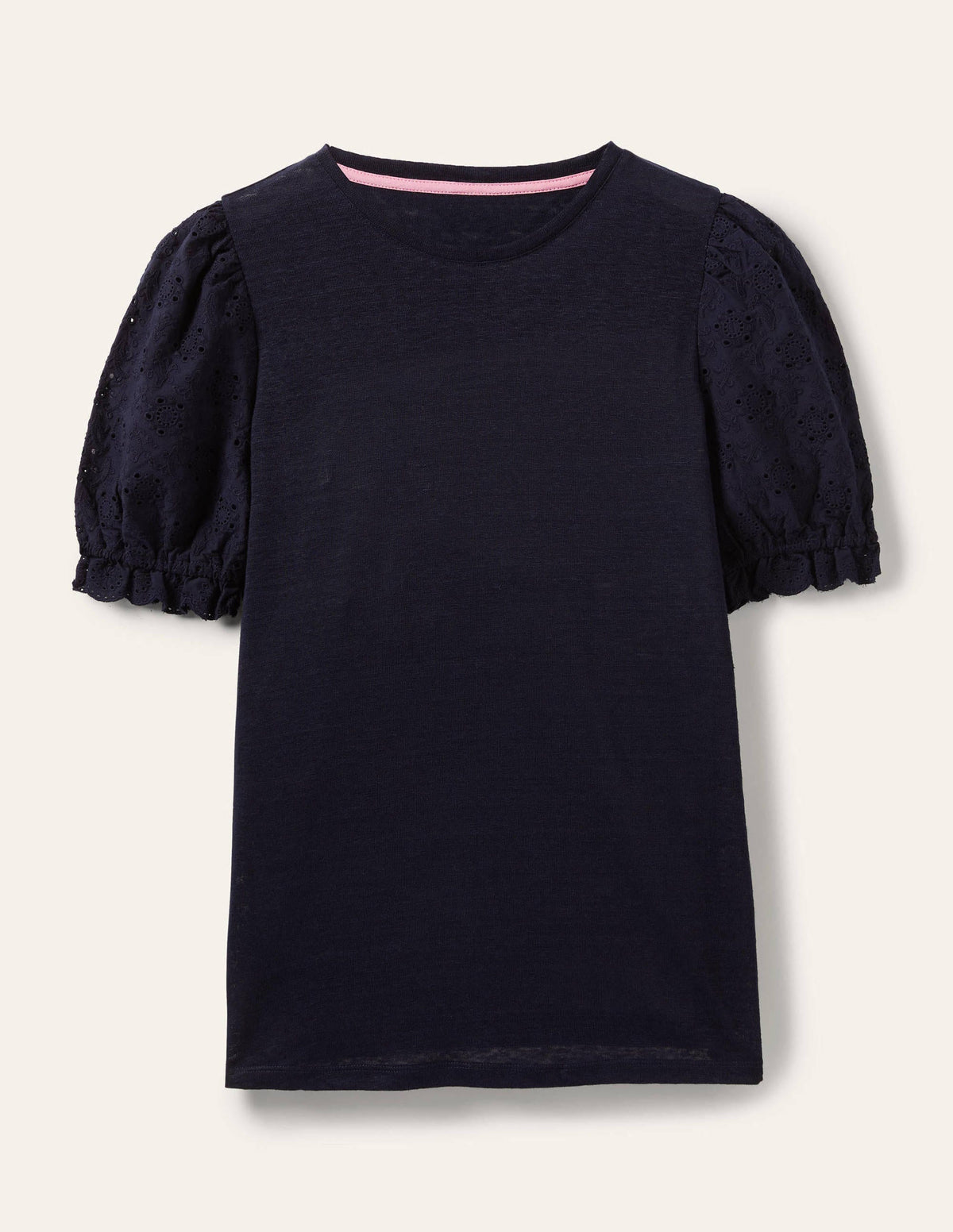 Broderie Sleeve Linen T-Shirt-Navy-5