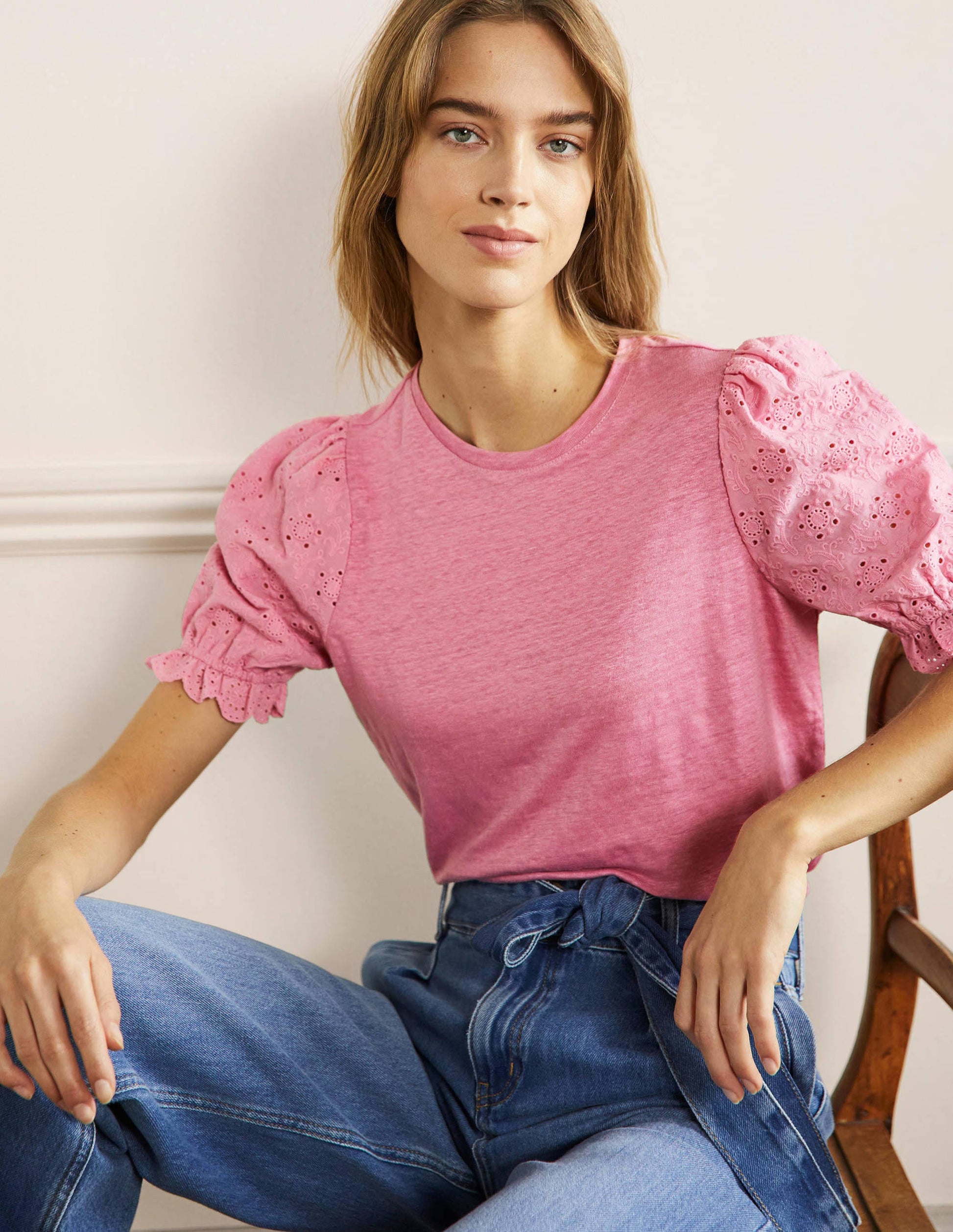 Broderie Sleeve Linen T-Shirt-Posy Pink-1