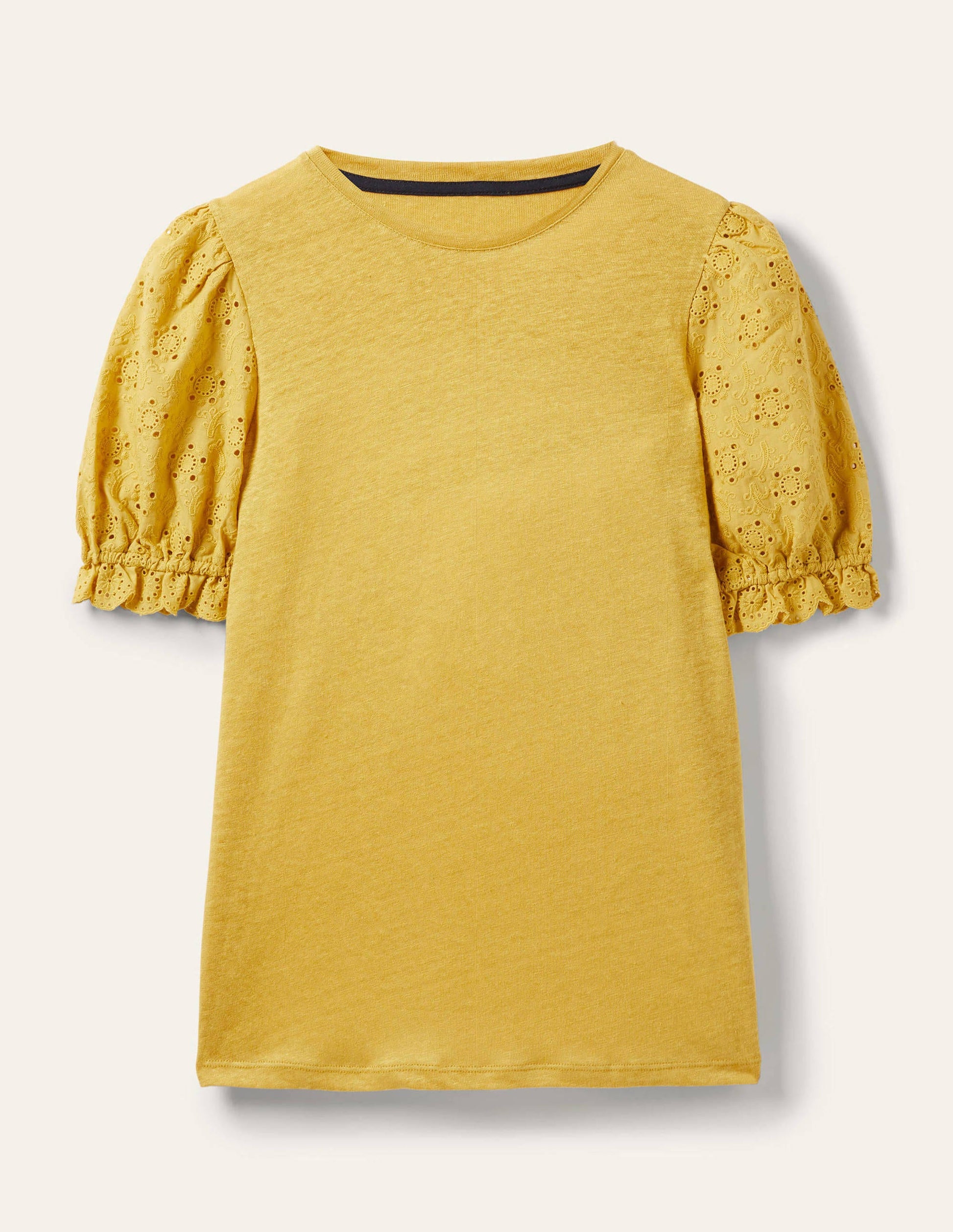 Broderie Sleeve Linen T-Shirt-Butter-5