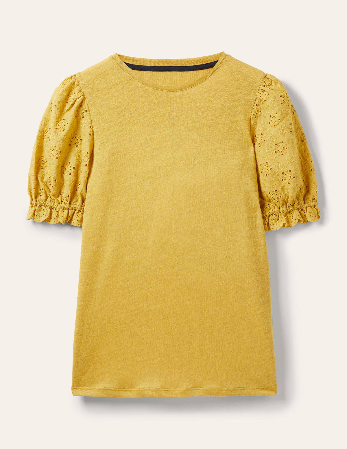 Broderie Sleeve Linen T-Shirt-Butter - Image 5