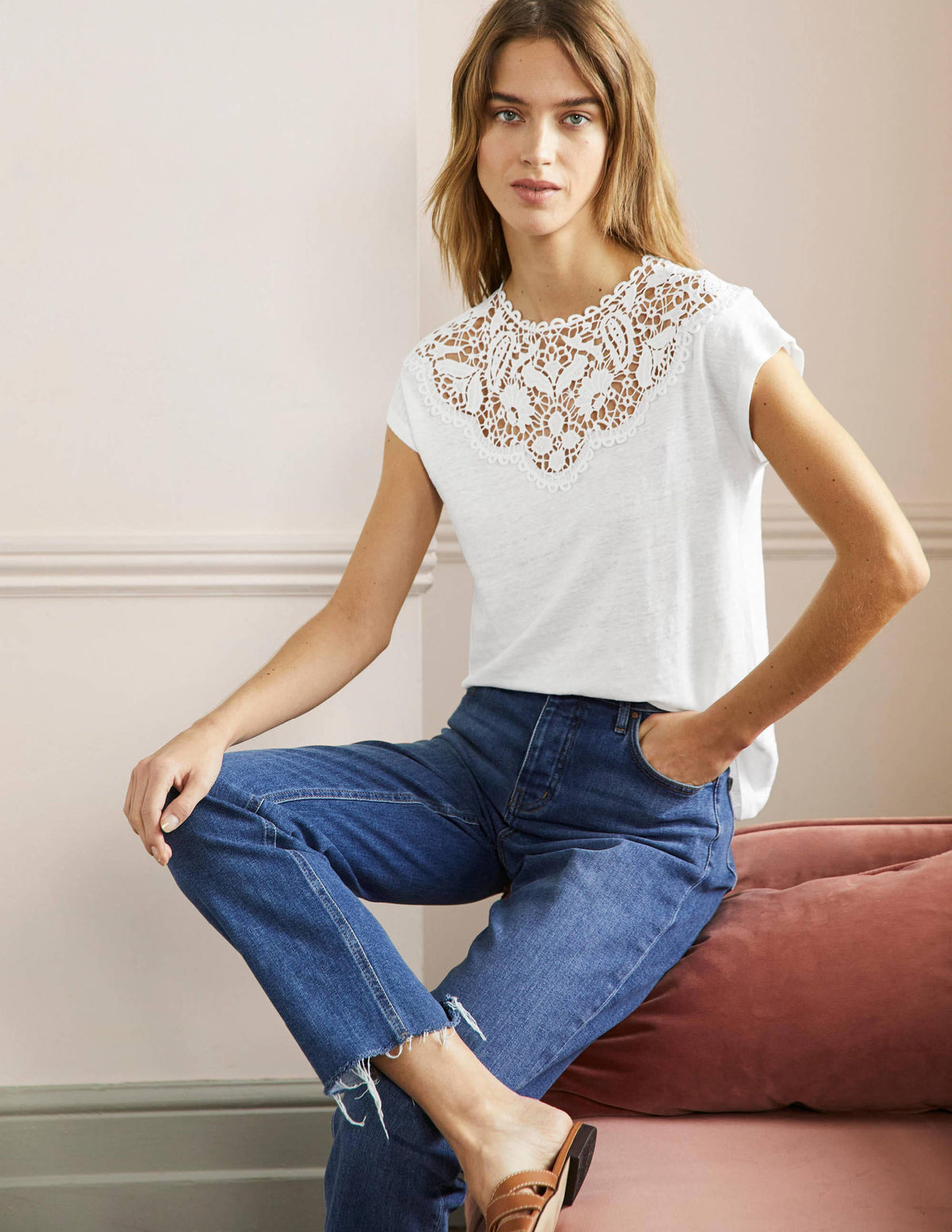 Cut Work Linen T-Shirt-White-4