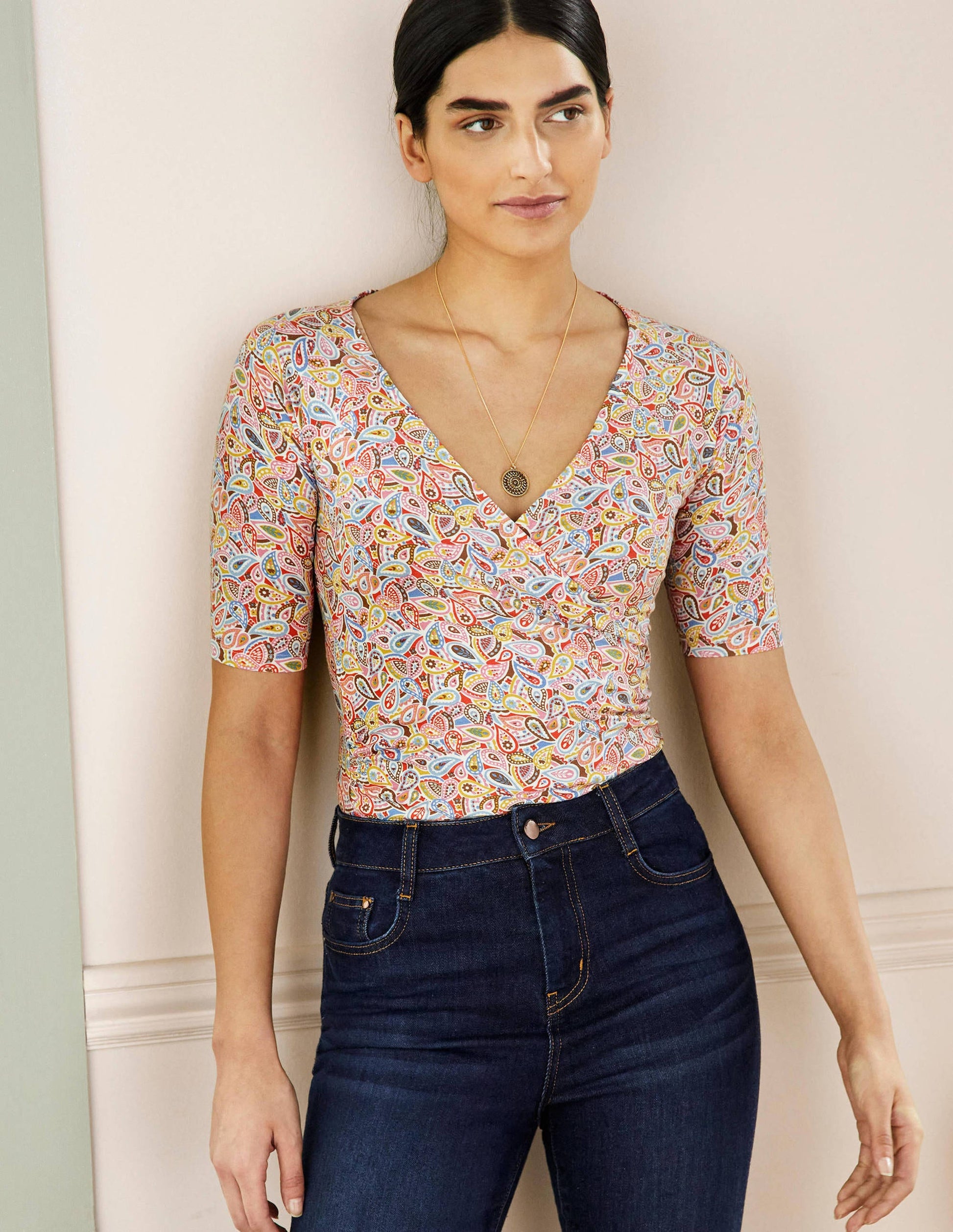 Short Sleeve Wrap Top-Multi, Paisley Blush-1