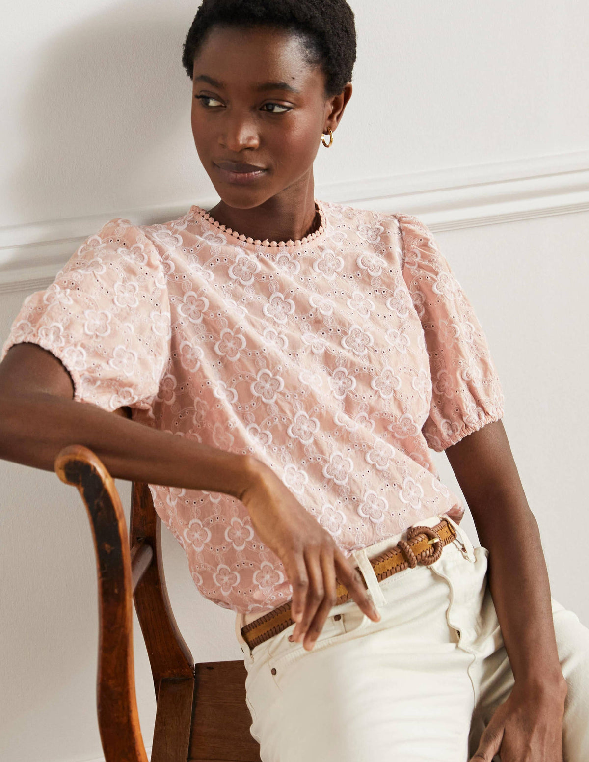 Broderie Puff Sleeve Top-Milkshake - Image 1
