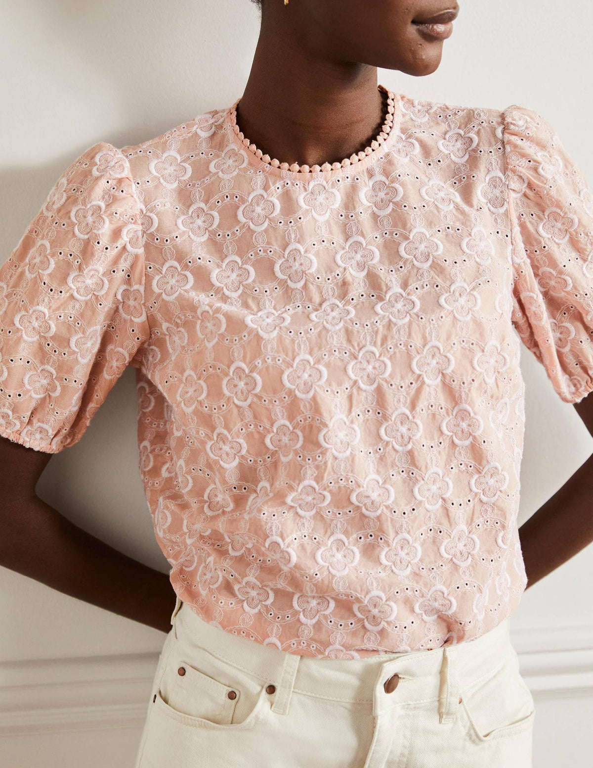 Broderie Puff Sleeve Top-Milkshake - Image 4