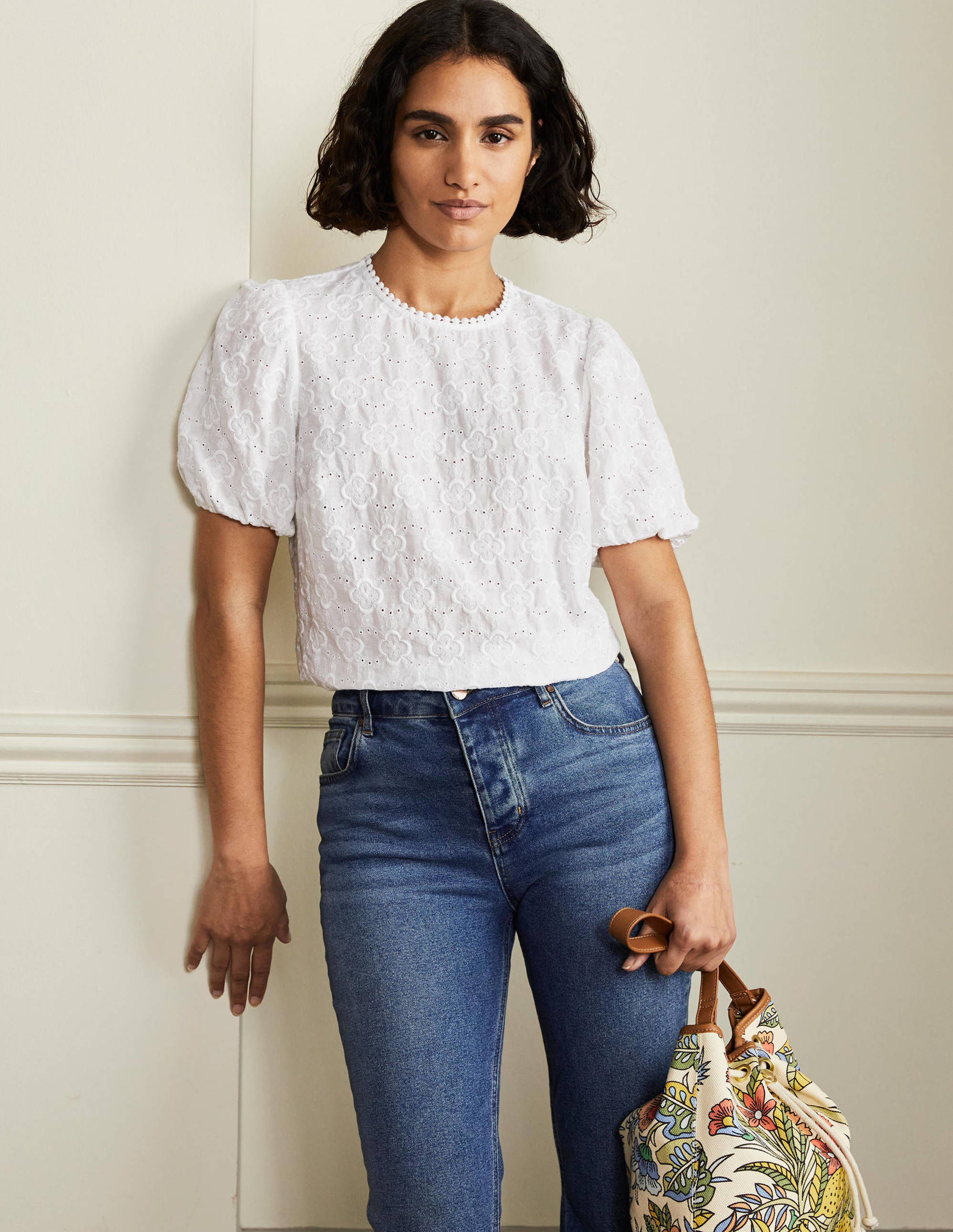 Broderie Puff Sleeve Top-White - Image 1