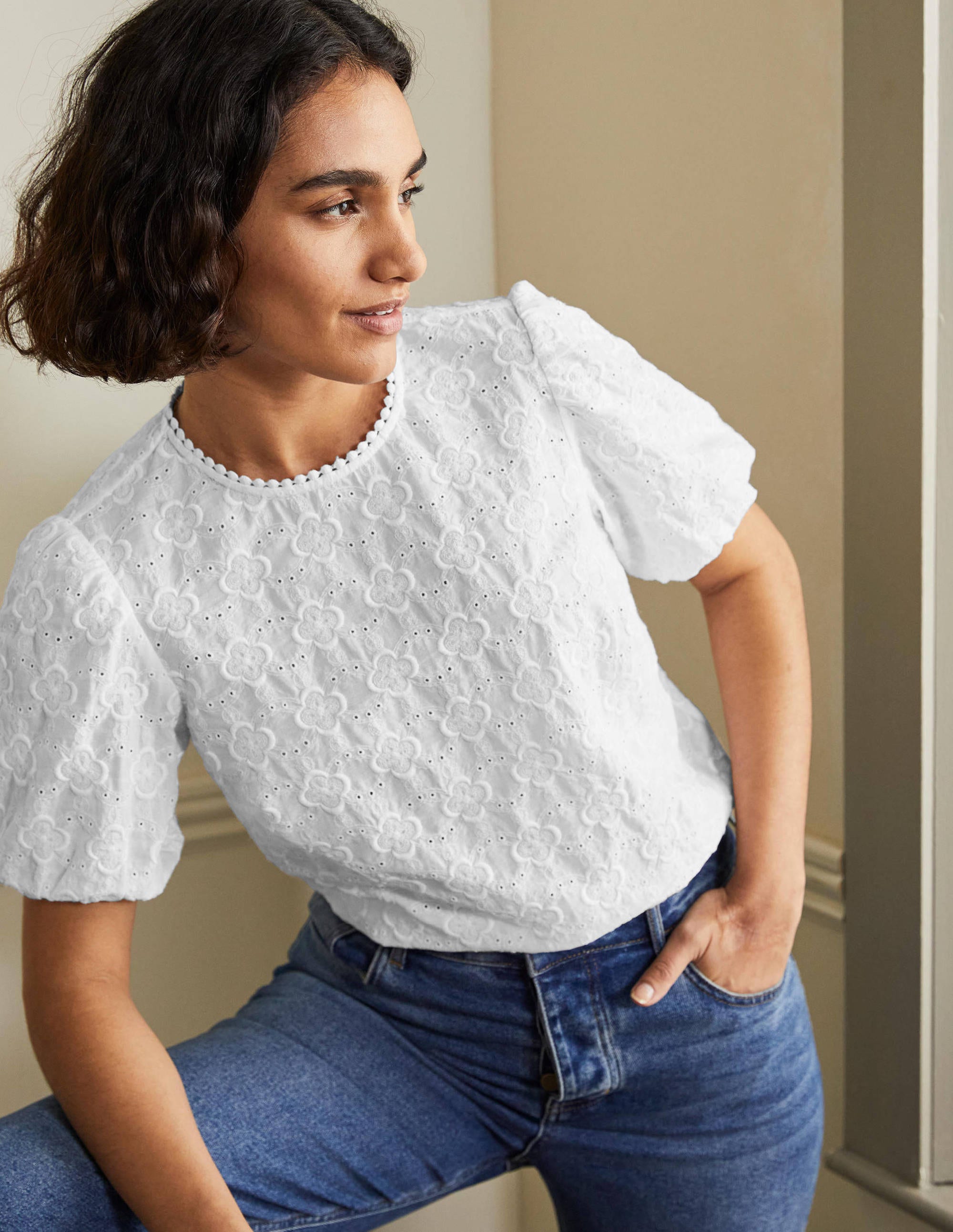 Broderie Puff Sleeve Top-White - Image 4