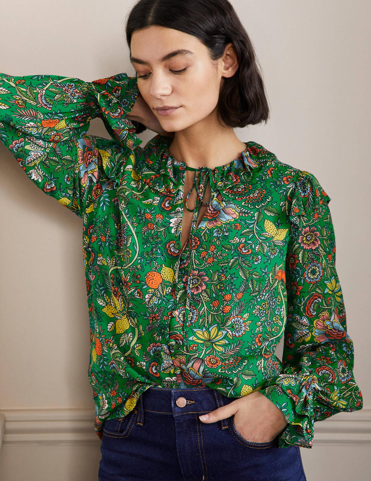 Ruffle Neck Blouse-Rich Emerald, Tropic Meadow-1