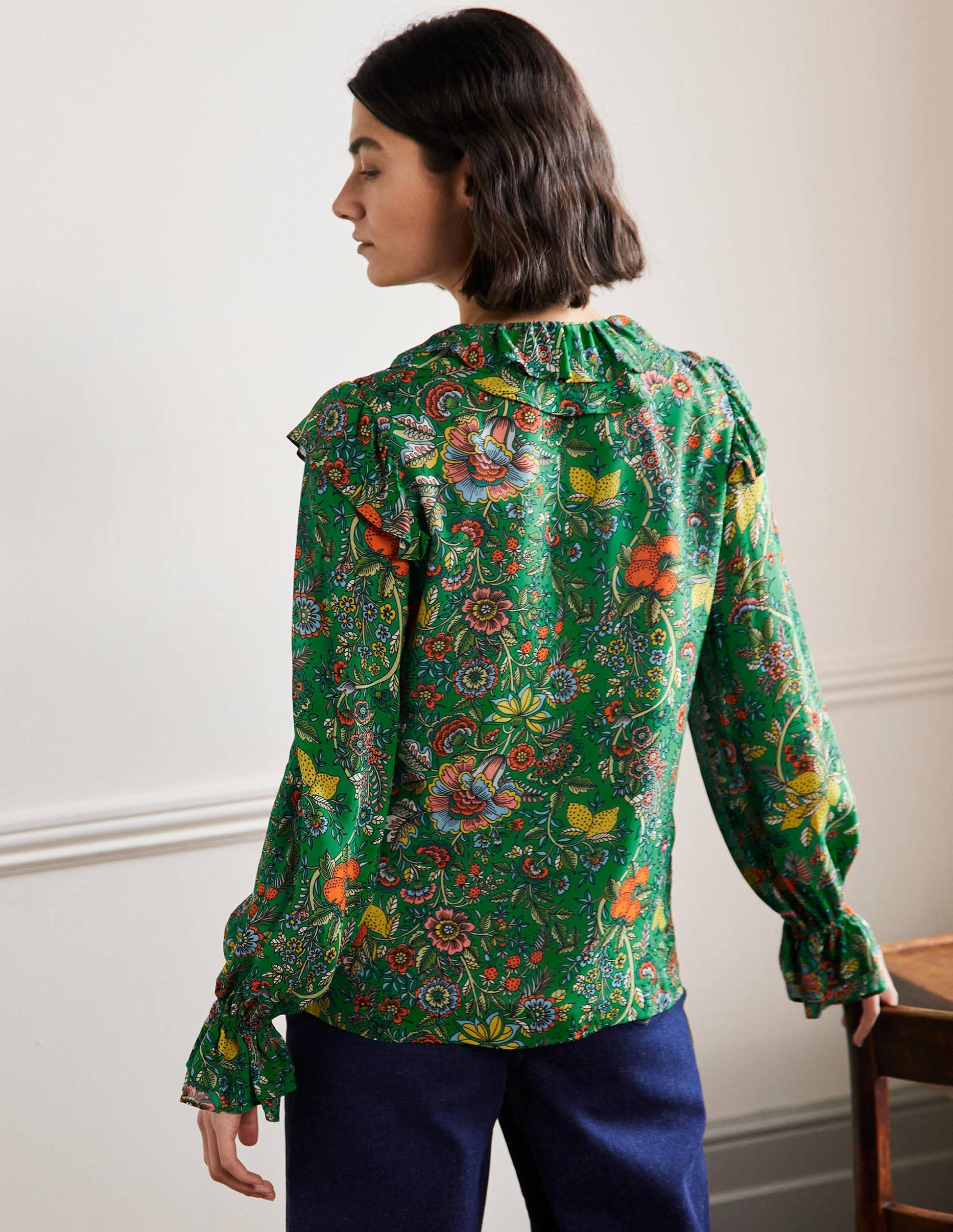 Ruffle Neck Blouse-Rich Emerald, Tropic Meadow-3
