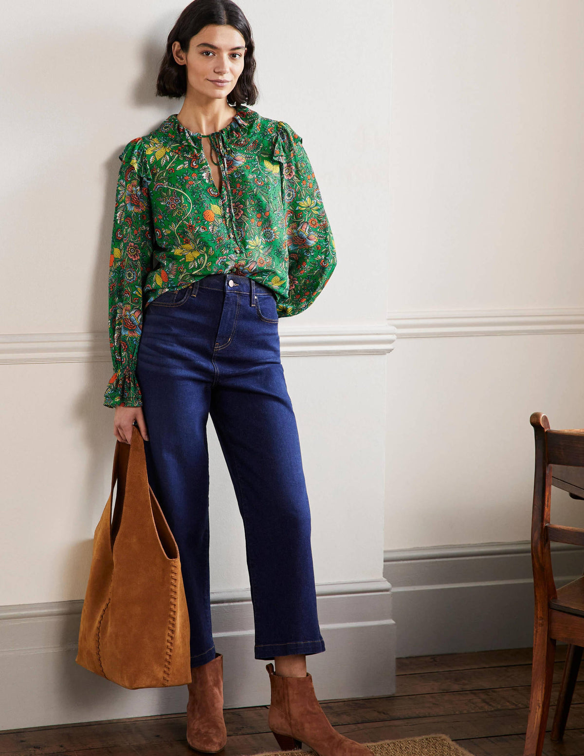 Ruffle Neck Blouse-Rich Emerald, Tropic Meadow-4