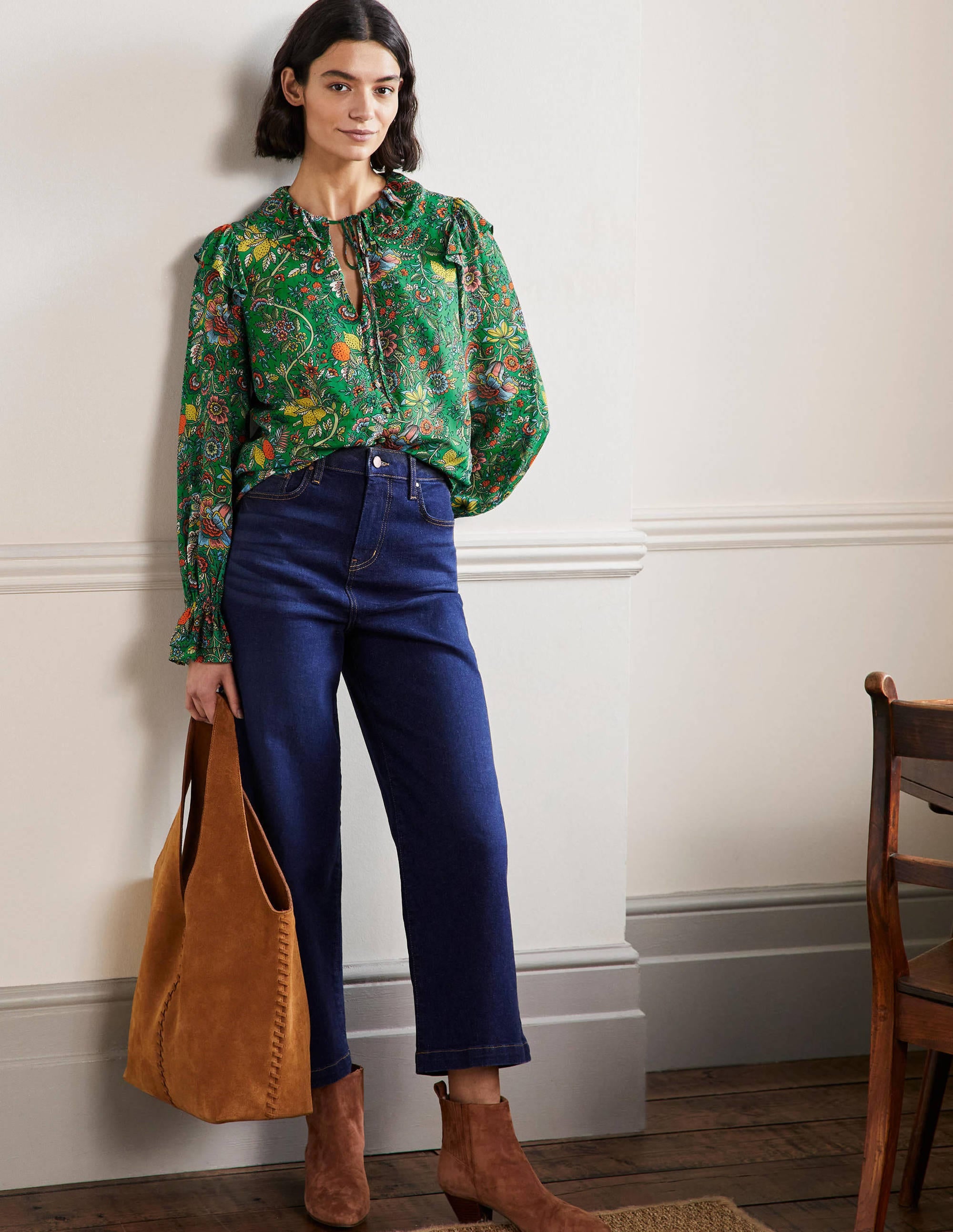 Ruffle Neck Blouse-Rich Emerald, Tropic Meadow - Image 4