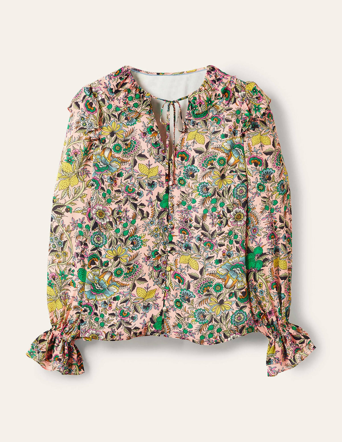 Ruffle Neck Blouse-Milkshake, Tropic Meadow-5