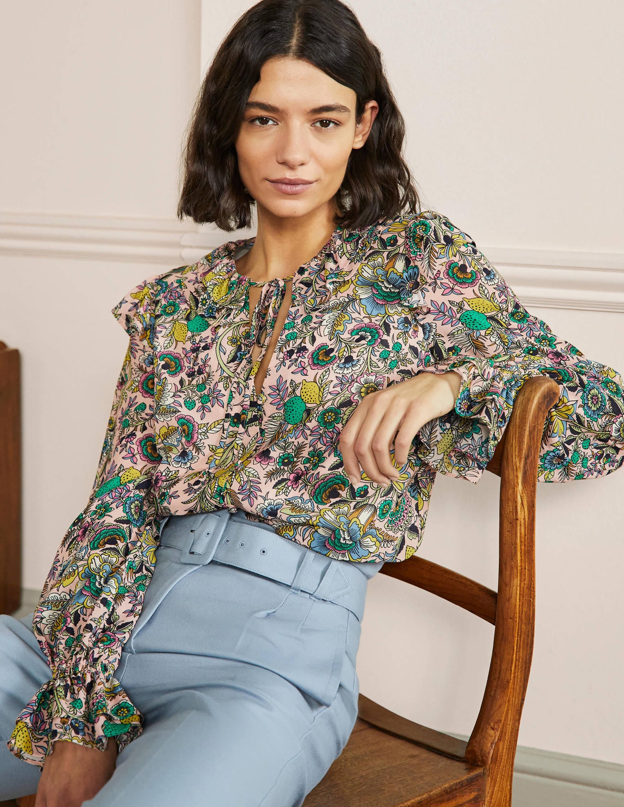 Ruffle Neck Blouse-Milkshake, Tropic Meadow - Image 1