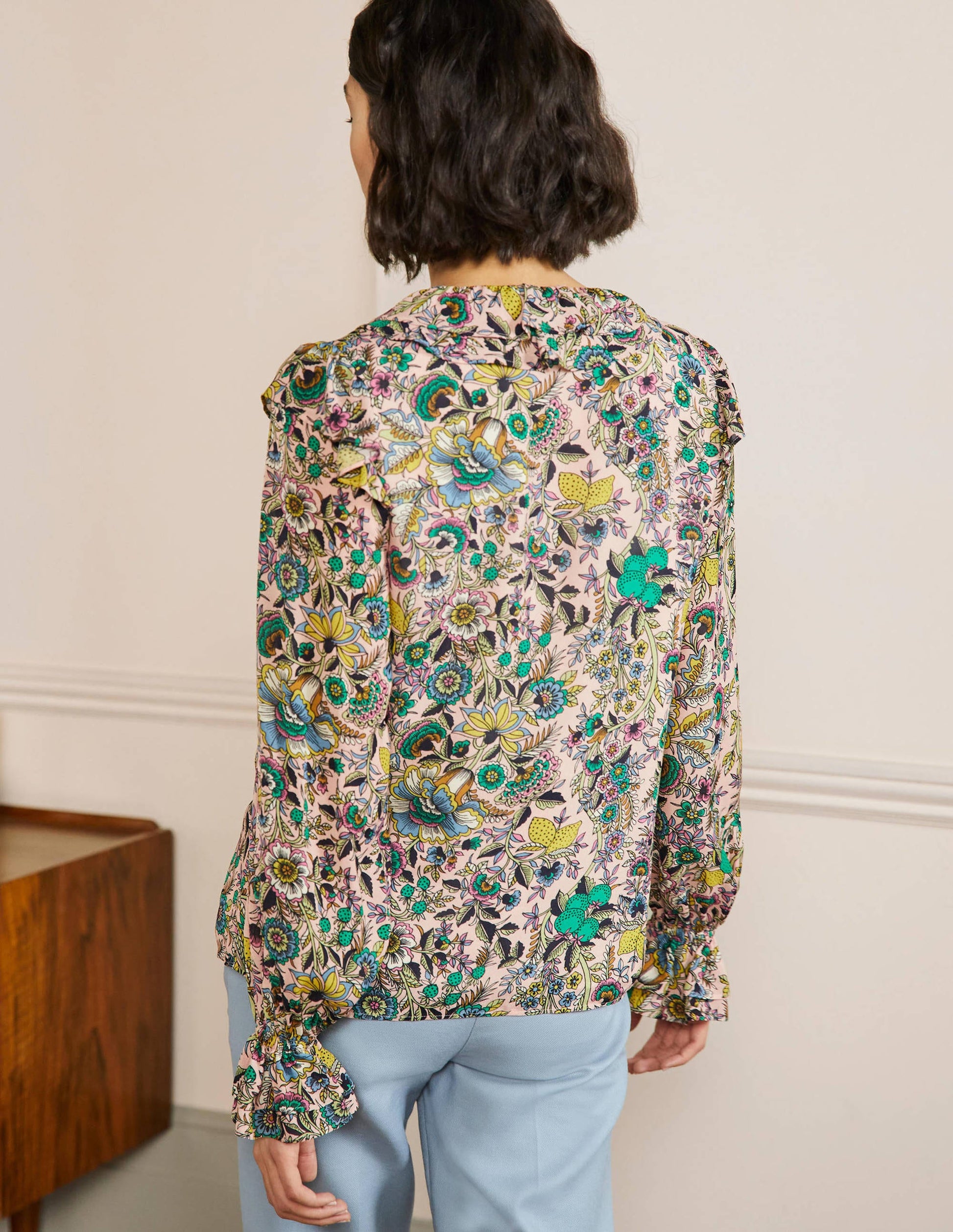 Ruffle Neck Blouse-Milkshake, Tropic Meadow-3