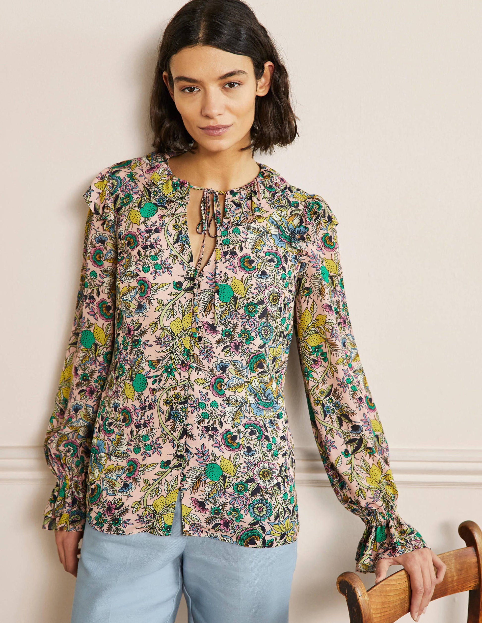 Ruffle Neck Blouse-Milkshake, Tropic Meadow-4