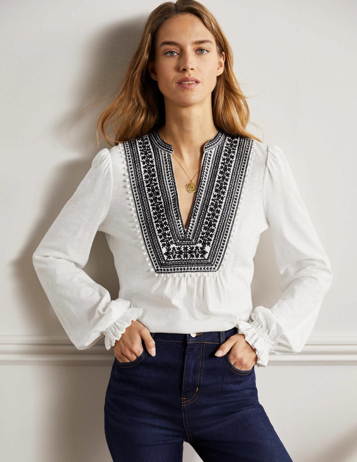 Embroidered Notch Neck Top-White, Embroidered - Image 6