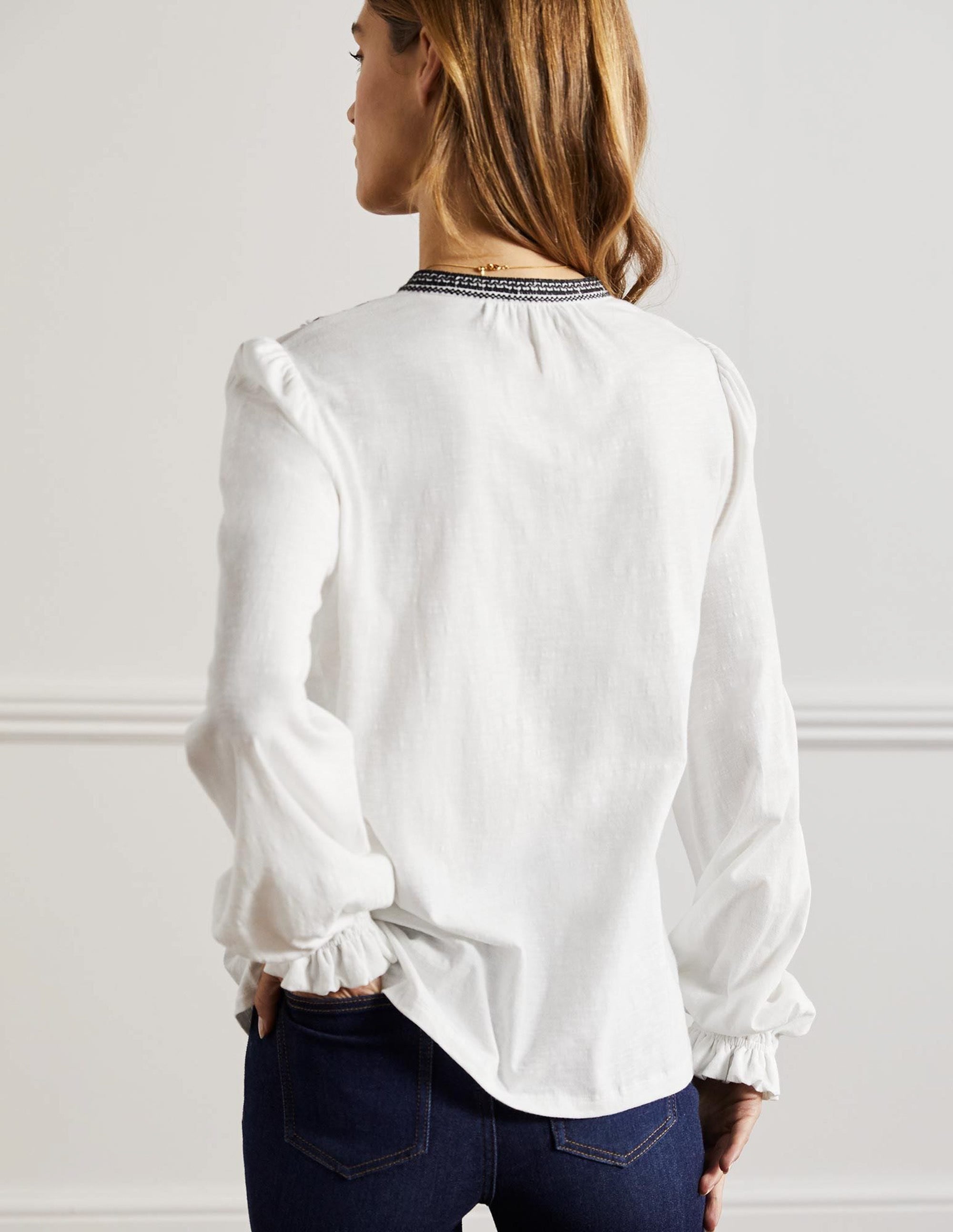Embroidered Notch Neck Top-White, Embroidered - Image 8