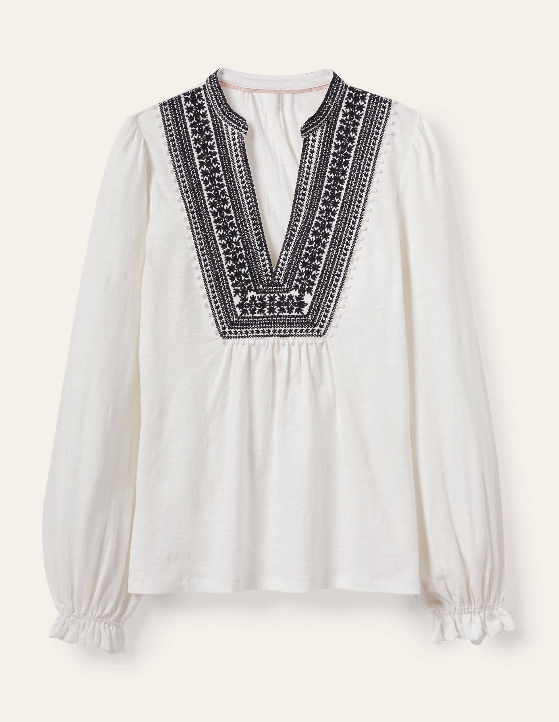 Embroidered Notch Neck Top-White, Embroidered-10