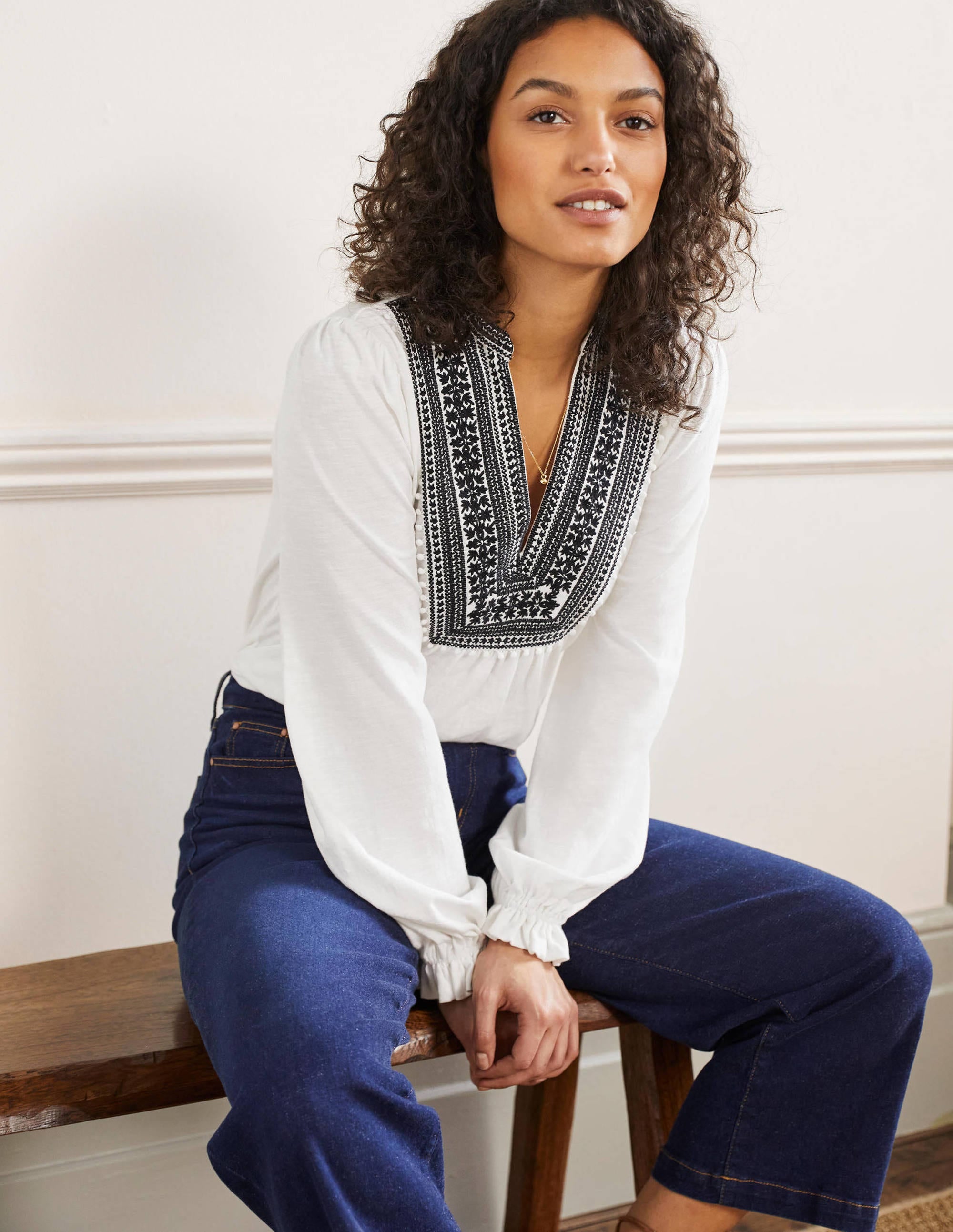 Embroidered Notch Neck Top-White, Embroidered - Image 4