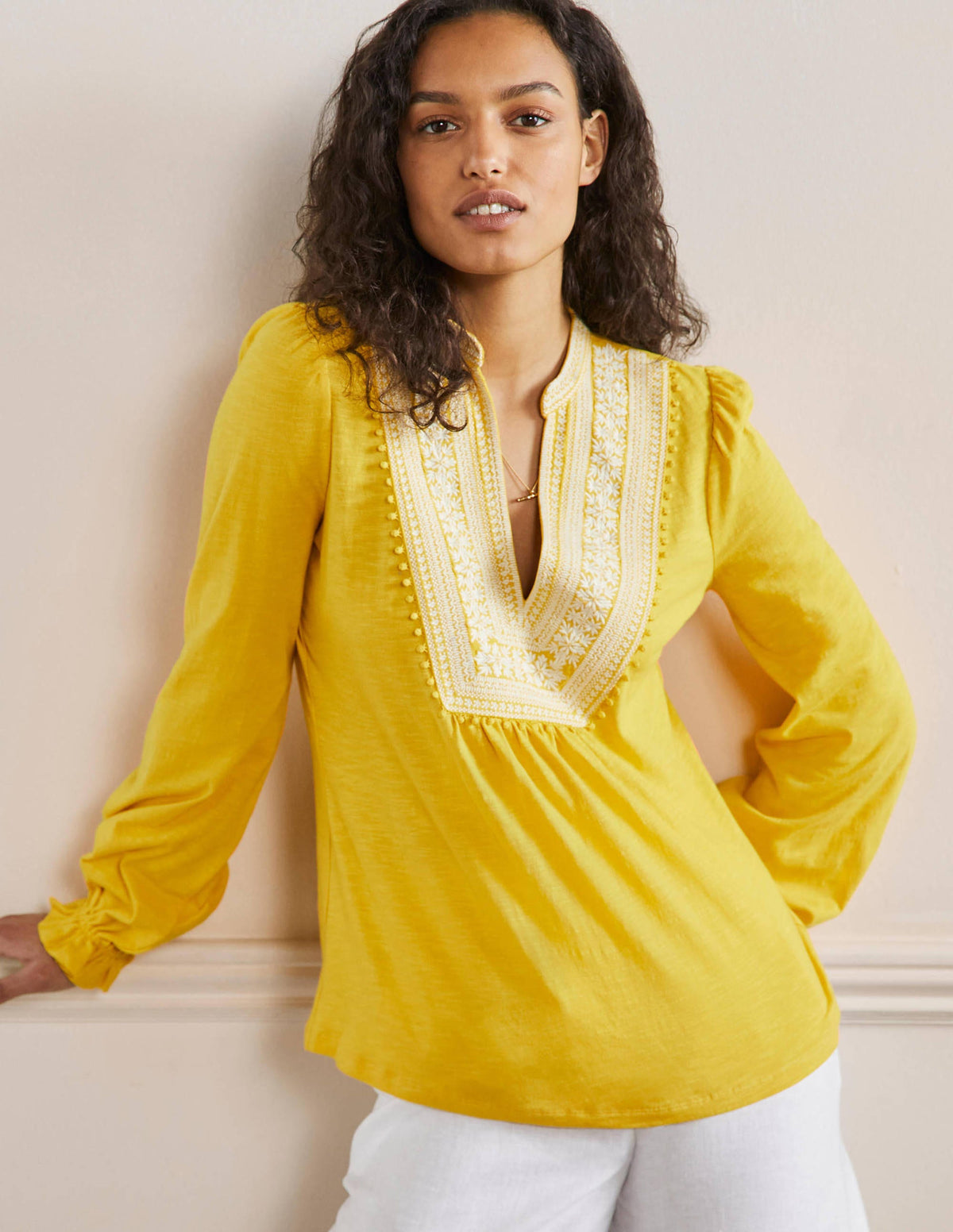 Embroidered Notch Neck Top-Lemon Fizz, Embroidered - Image 1