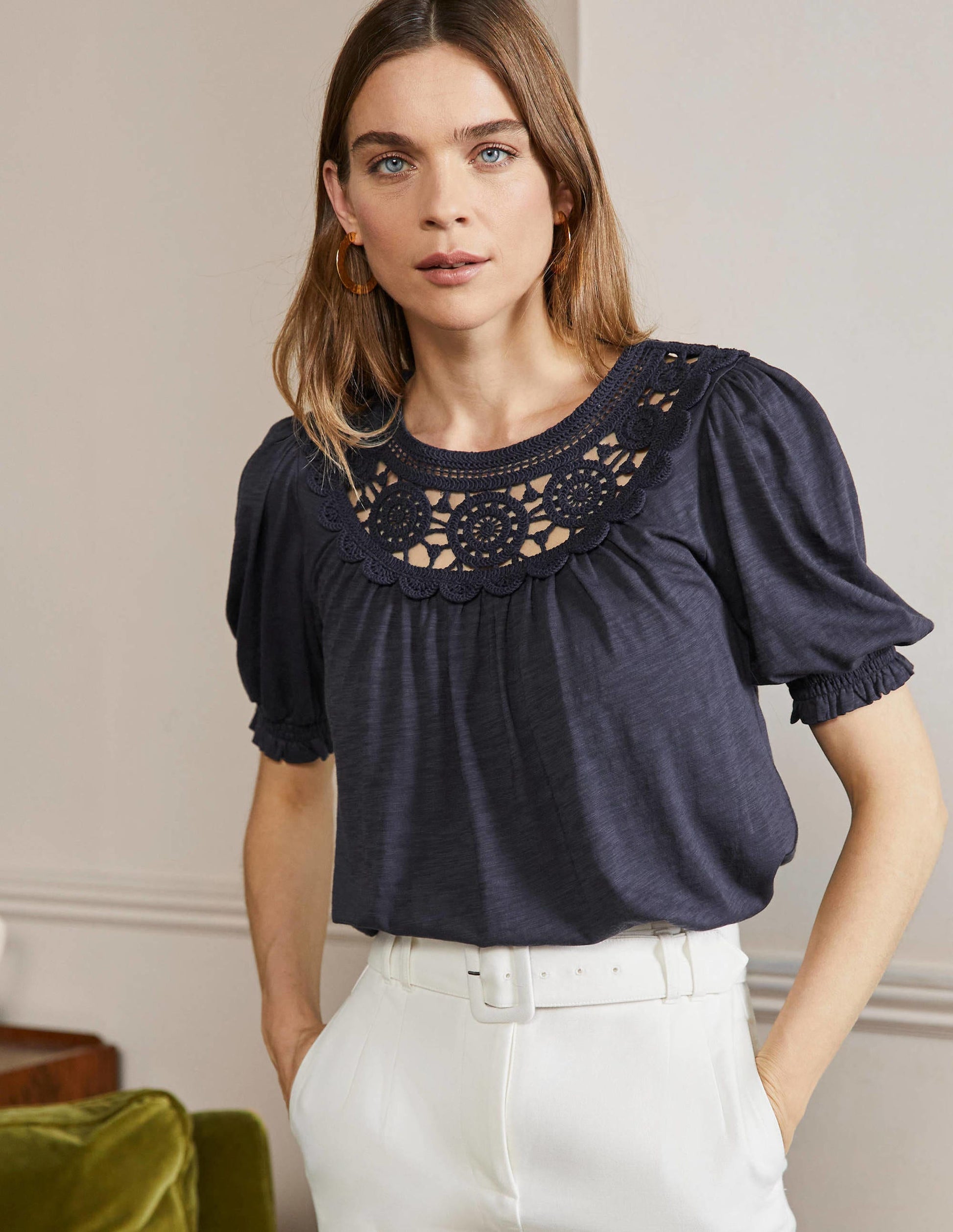 Anais Crochet Puff Sleeve Top-Navy-1